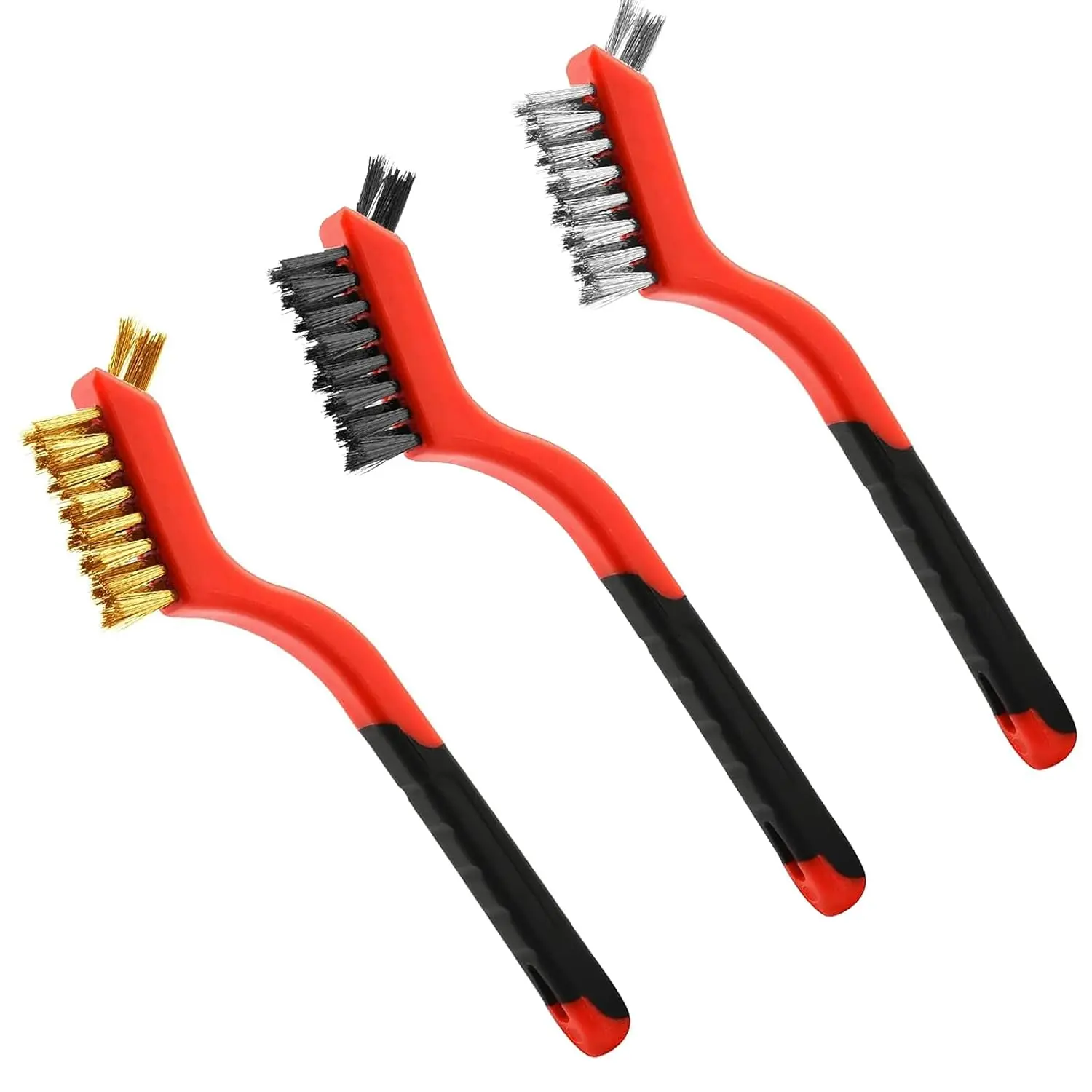 Wire Brush Set (3-Pack) for Precision Cleaning - Brass, Nylon & Stainless Steel Brushes for Rust Removal, Delicate Surfaces & Tight Spaces - 7-Inch Curved Handle