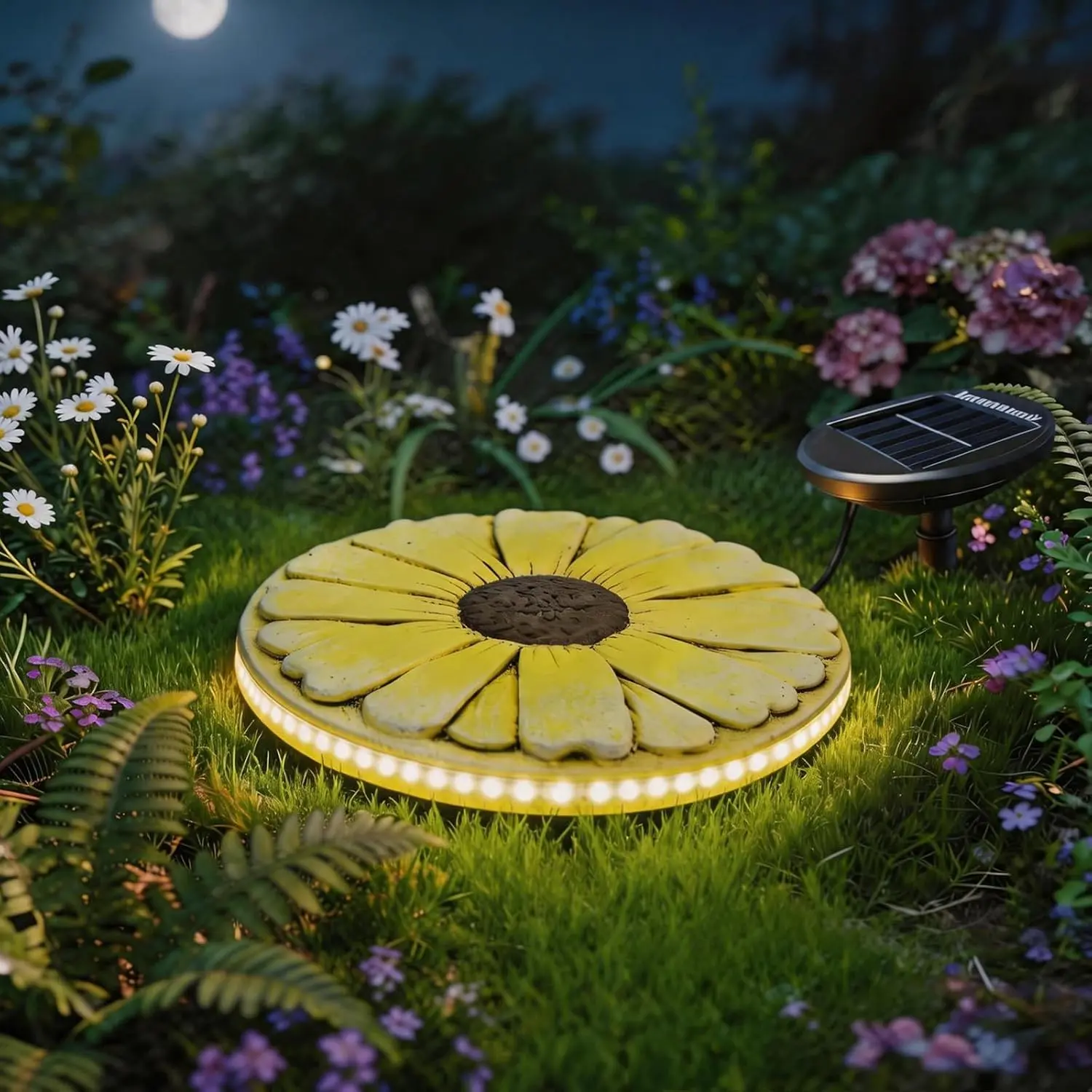 Solar Stepping Stone that Lights Up at Night, 10" Cement Daisy Flower Garden Path Stone, Non-Slip Weather-Resistant Outdoor Yard Walkway Decor (Yellow)