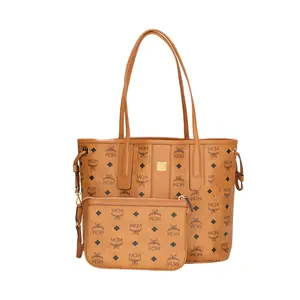 MCM Liz Vintage-Print Canvas and Leather-Trimmed Tote Bag for Women, Small Size, Brown and Cognac