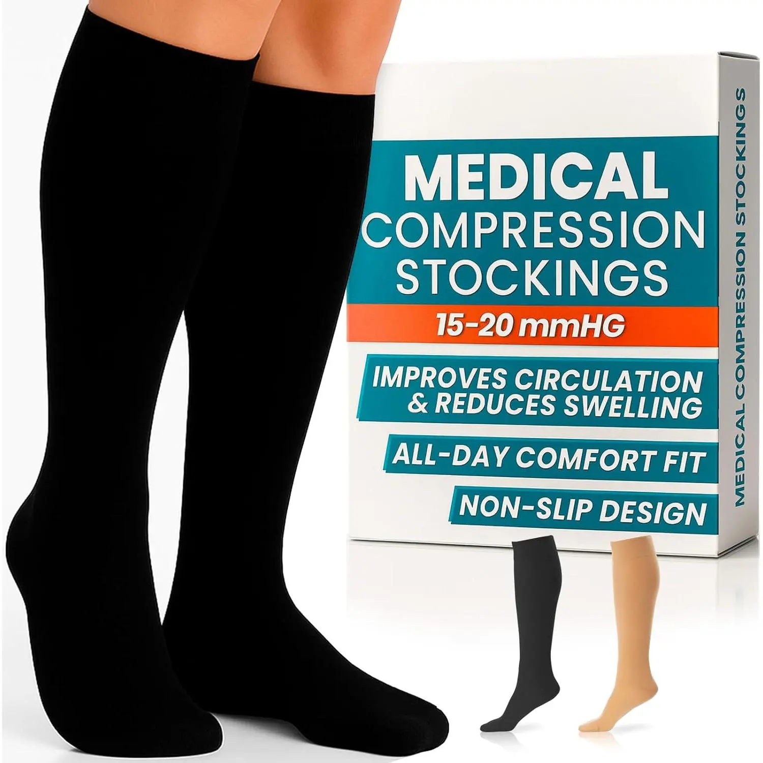 Knee High Compression Socks  Women & Men – 15-20mmHg Medical Support Stockings  Varicose Veins, Swelling, Soreness & Airplane Travel – Breathable TED Hose  Legs & Feet (Beige,Black) New model