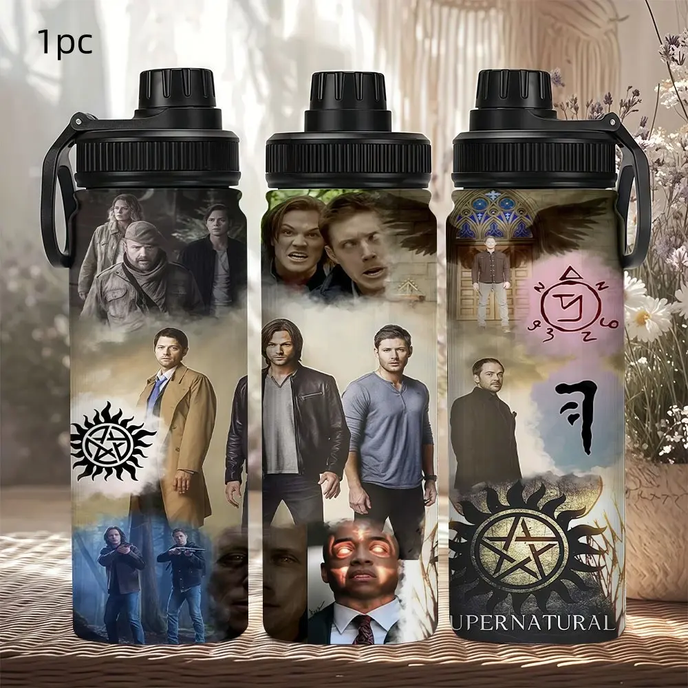 1pc 20oz 600ml 304 Stainless Steel Tumbler, Supernatural themed multi‑character poster collage, mysterious runes & pentagram symbols, vintage cloudy distressed art style, large‑capacity portable tumbler for TV‑show fans