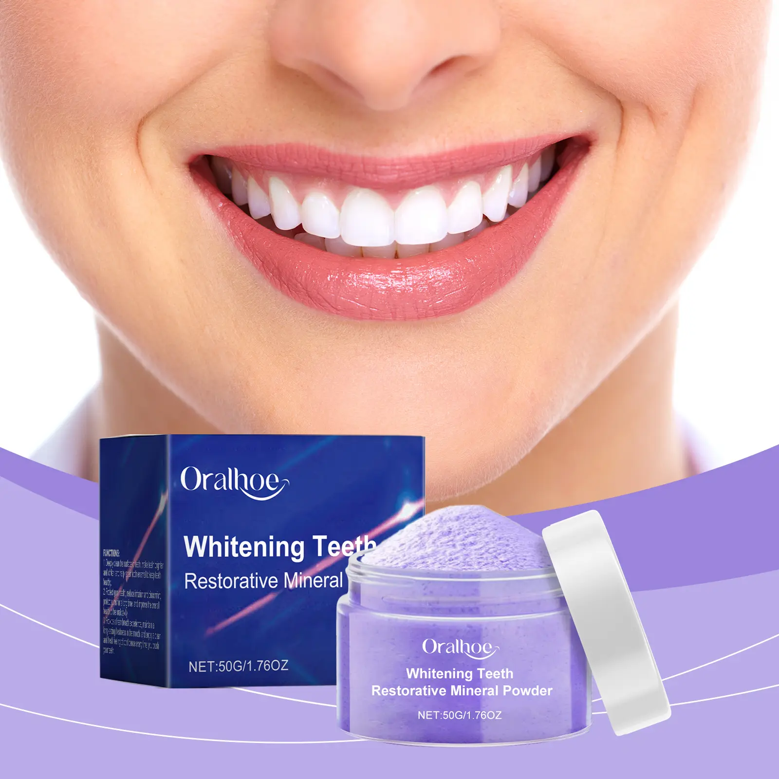 Oralhoe Purple Bright White Teeth Whitening Powder - Gentle Oral Cleaning, Fresh Breath, Clean Teeth Care