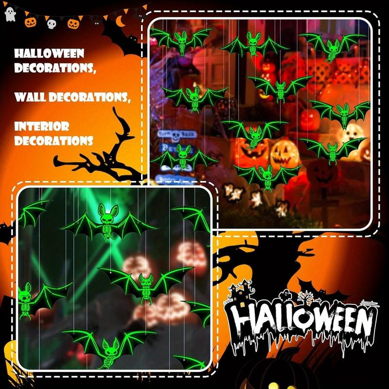 10 Pcs/set Halloween Decorations 3D Stereoscopic Bats, Fluorescent Glow in the Dark Props for Haunted House, Horror Wall Stickers