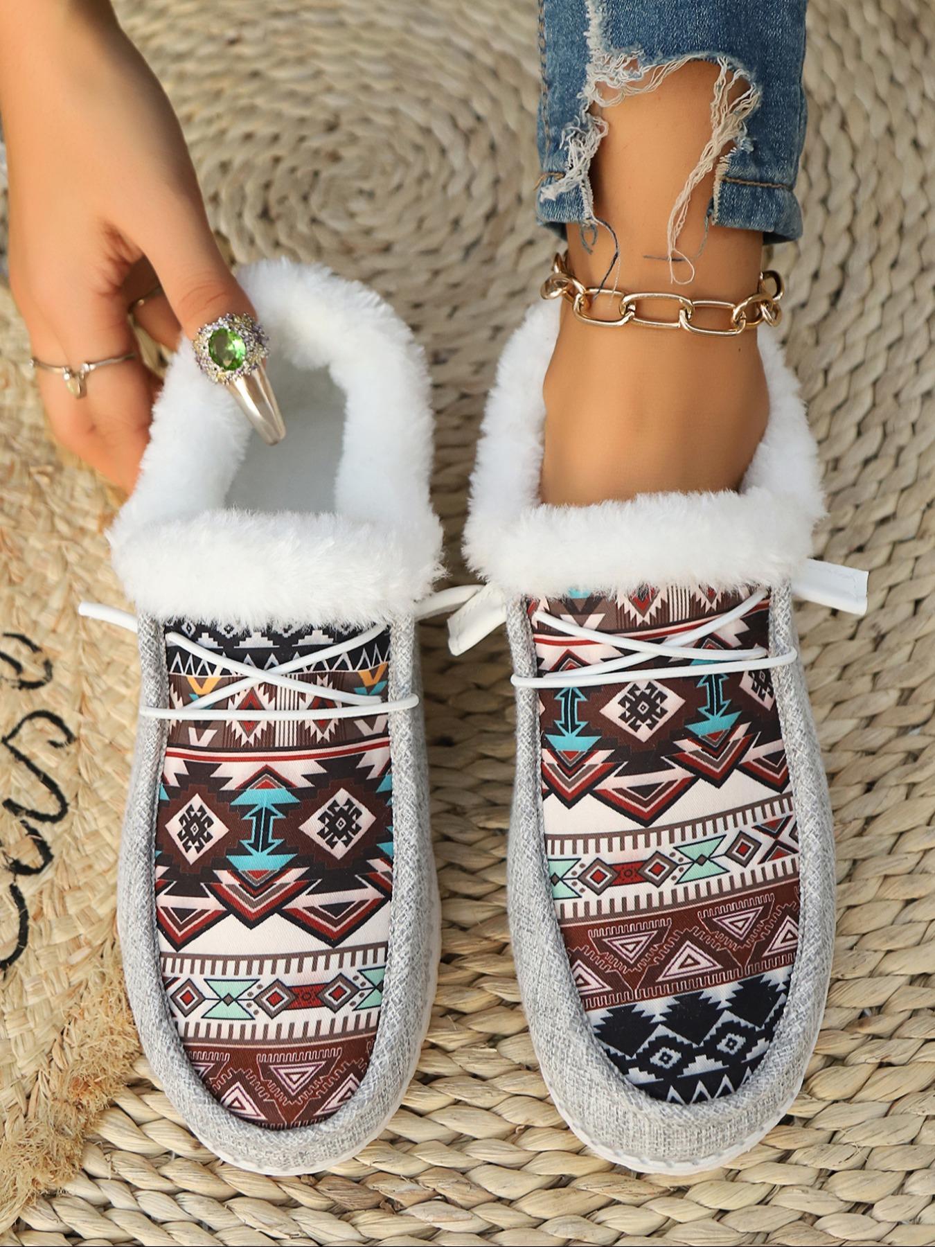 Women's Lace Up Low Top Colorblock Ethnic Pattern Sneakers, Casual Warm Sports Shoes for Winter, Female All-match Round Toe Shoes for Daily Wear