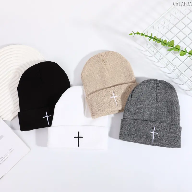 Cross Embroidered Knit Beanie for Men and Women, Warm Pullover Hat for Autumn and Winter Daily Wear