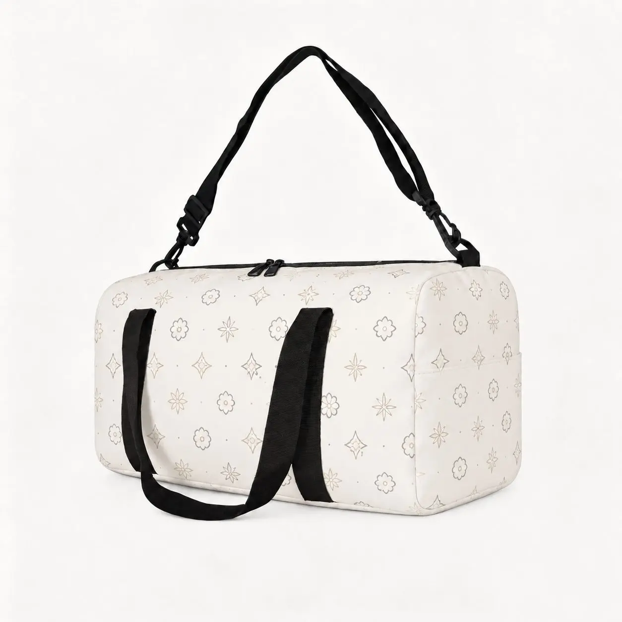 Ivory Floral Star Polyester Duffle Bag for Men - Gym Travel Weekender with Smooth Surface, Dual Carry Handles, Adjustable Shoulder Strap, Top Zip Closure, Twin Pulls, Side Pocket for Overnight Stays, Road Trips