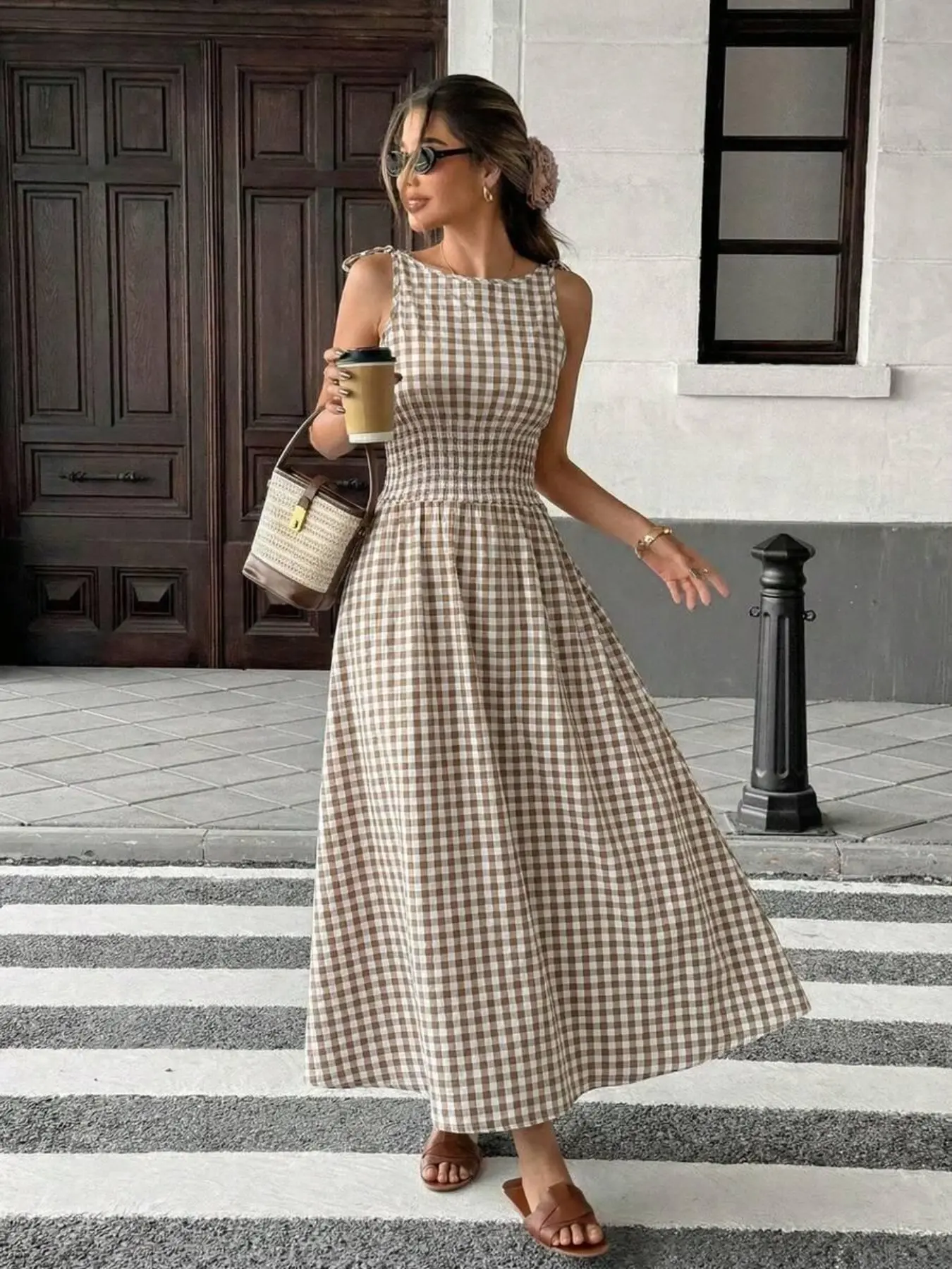 Women's New Plaid Sleeveless Long Dress, Bow Tie and Ruffled Waist, Casual Office Minimalist French Style, Perfect for Summer Vacation and Daily Wear
