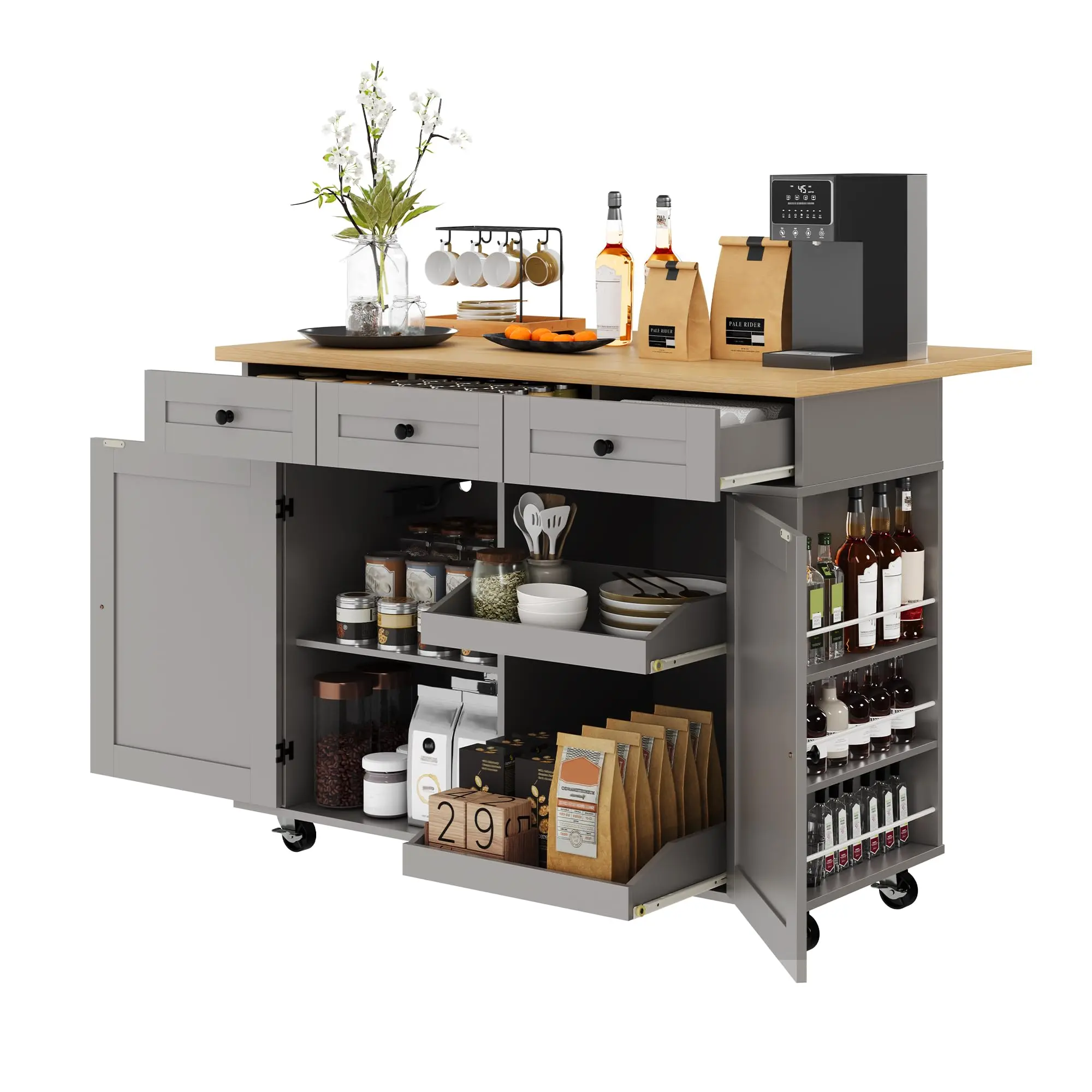Garvee Rolling Kitchen Island with Drop Leaf Countertop, Charging Station & Ample Storage - 47.2" Mobile Kitchen Cart On Wheels with Pull-Out Shelves, Drawers, Spice Rack & Organizer Divider