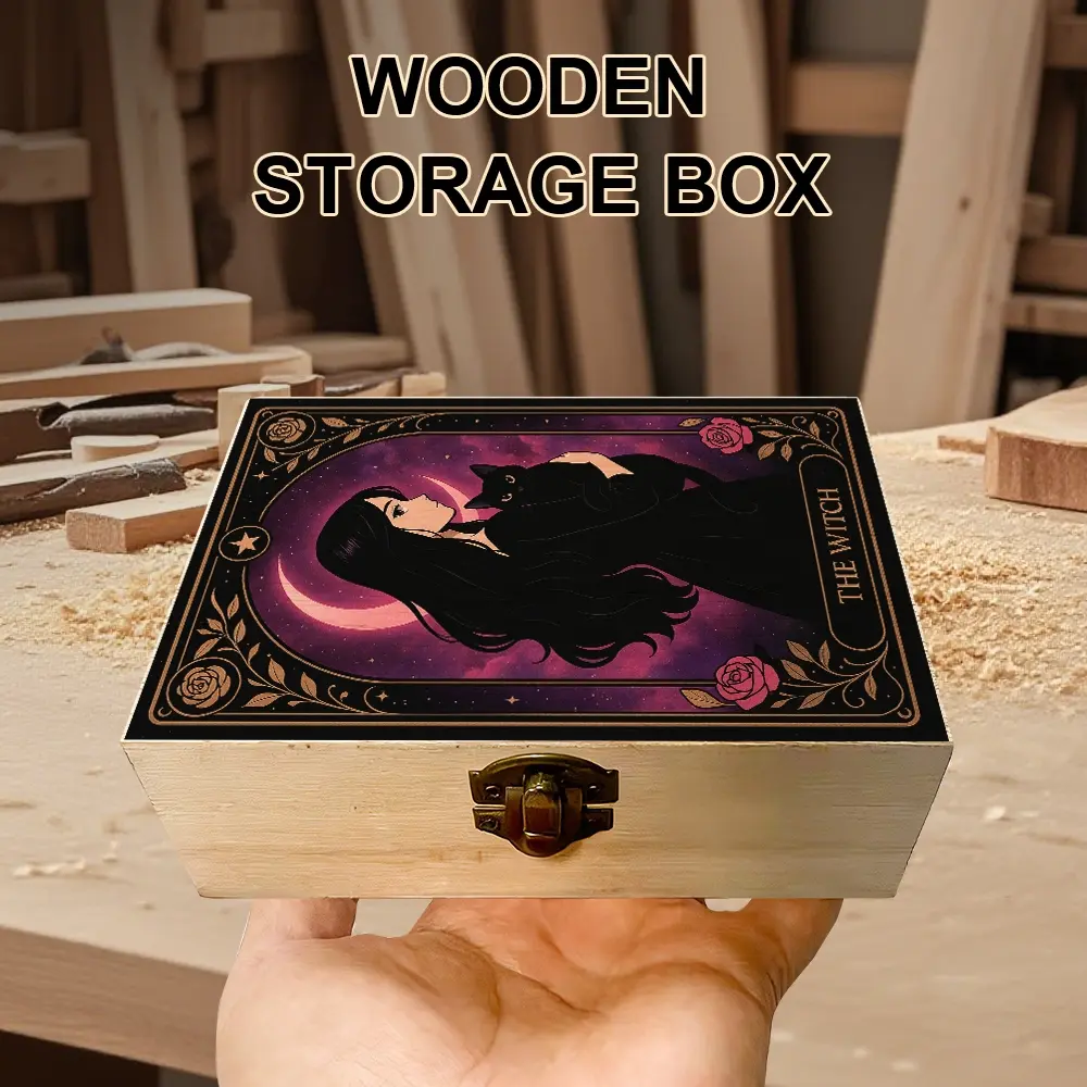 1Pc Hand - crafted Wooden Storage Box, Gift Storage Box with Witchy Tarot - inspired Illustration, Small Trinket Organizer, Keepsake Box for Jewelry Collection, Spell Components Storage, Home Decor, Bohemian and Gothic Style