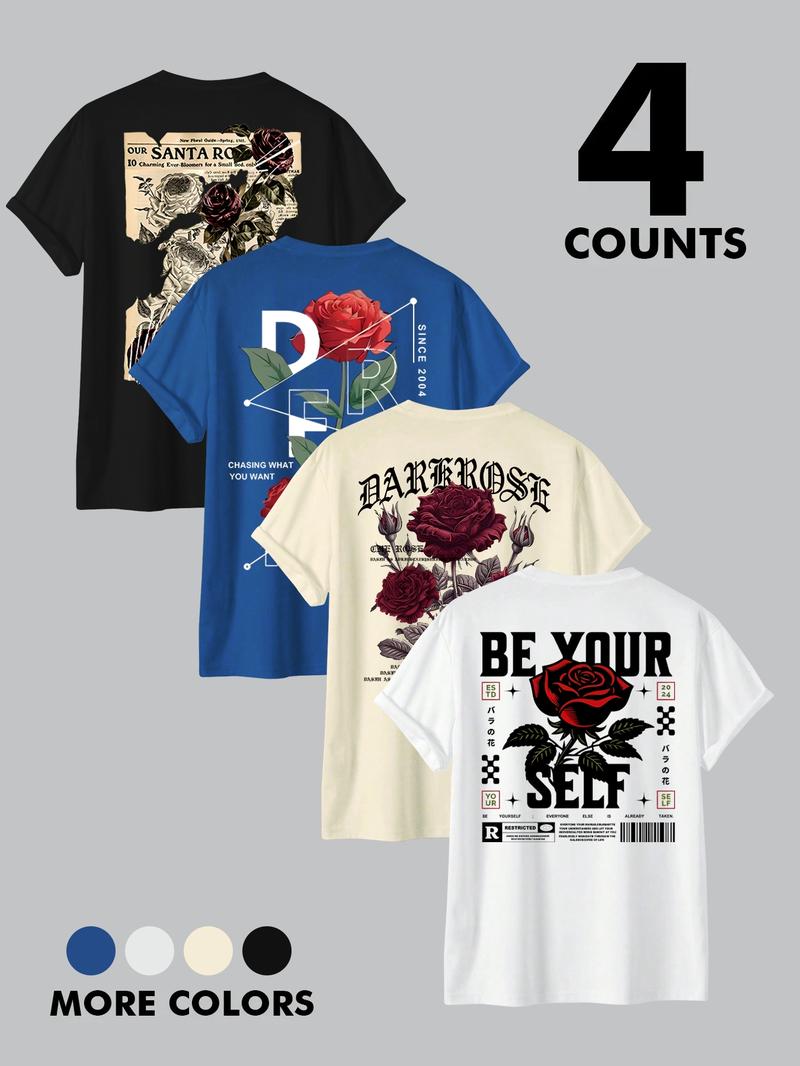 Men's Rose & Letter Print Short Sleeve Graphic Tee, Regular Fit Casual Round Neck T-shirt for Summer, Men's Top for Daily Wear