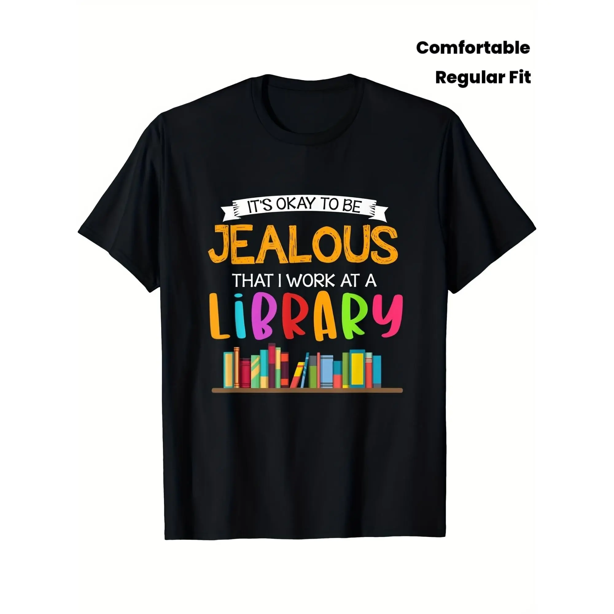 "Book Lover Short-Sleeve Round Neck Top - 'It's Okay to Be Jealous I Work At A Library' All-Over Book Print, Adult Librarian Gift, Crew Neck Regular Fit Slight Stretch All-Season Casual Sport Top"
