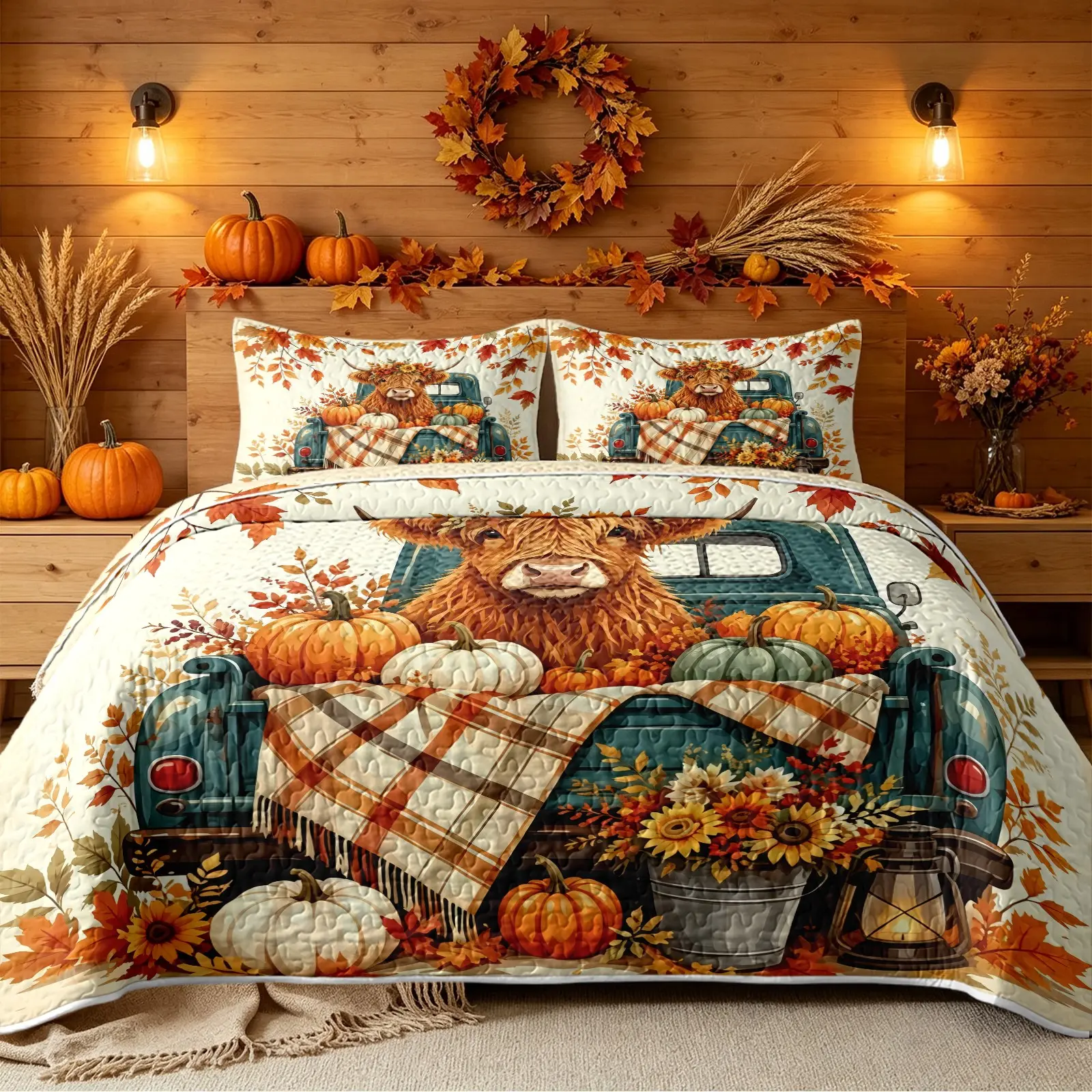 3Pcs Fall Truck Highland Cow Quilt Set, Farmhouse Bedding Set, 1 Quilt With 2 Pillowcases Vintage Blue Pickup Truck With Highland Cow Pumpkins Maple Leaves Print Harvest Country Style Reversible Soft Bedding No Inner Filling All Season Thanksgiving Gift