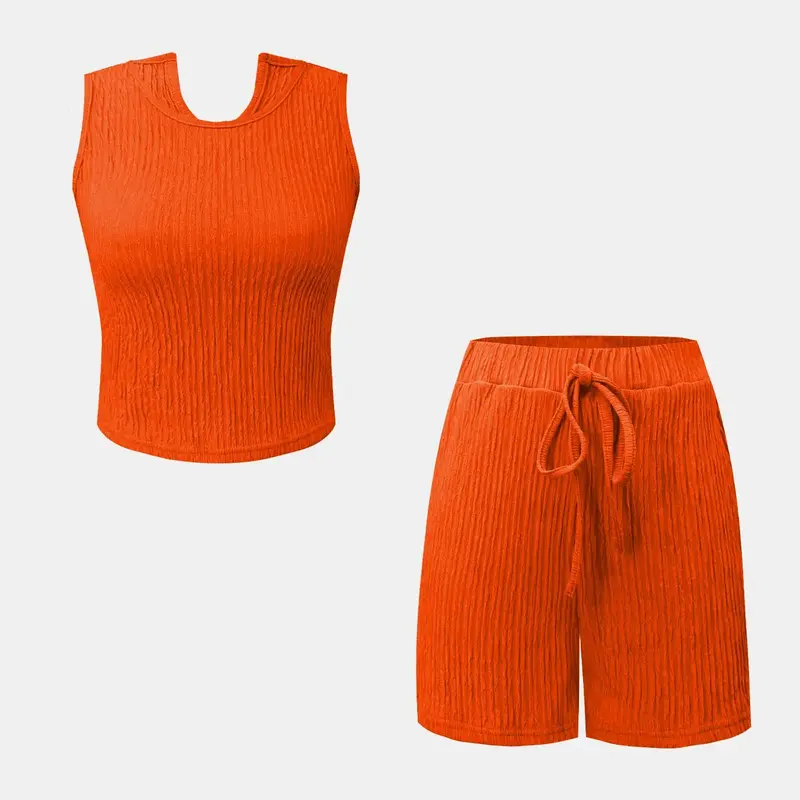 Women's Simple Fashion Solid Color Sporty Casual Tank Top and Shorts Set, Fitted Plain Crop Vest, Athleisure Outfit, Fitness Shorts Set, Casual Athletic Wear, Casual Activewear Set, Athletic Sportswear, Summer Fitness Outfit