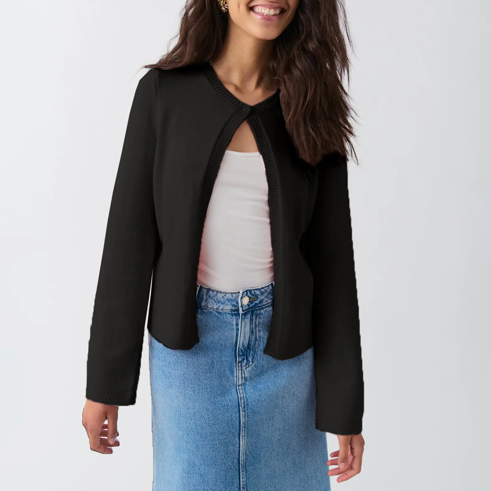 Women's Fall Fitted Knit Cardigan, Solid Color, Long Sleeve, 1-Button Open Front Knitwear Top