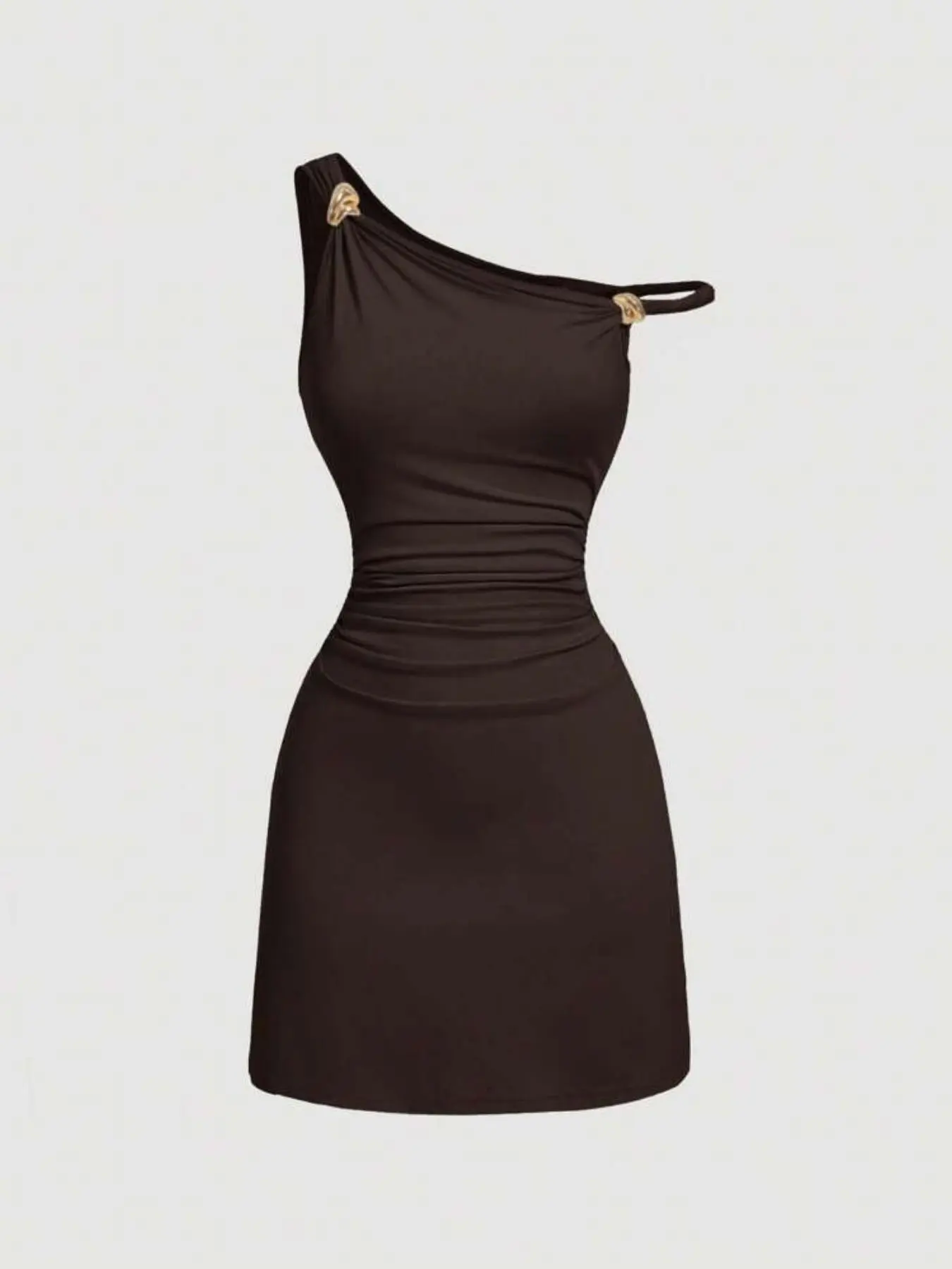 One-Shoulder Bodycon Mini Dress, Women's Metal Ring Waist Cinch Ruched Dress, Elegant Chic Evening Party Nightclub Style Evening Dresses, Stretchy Soft Fabric