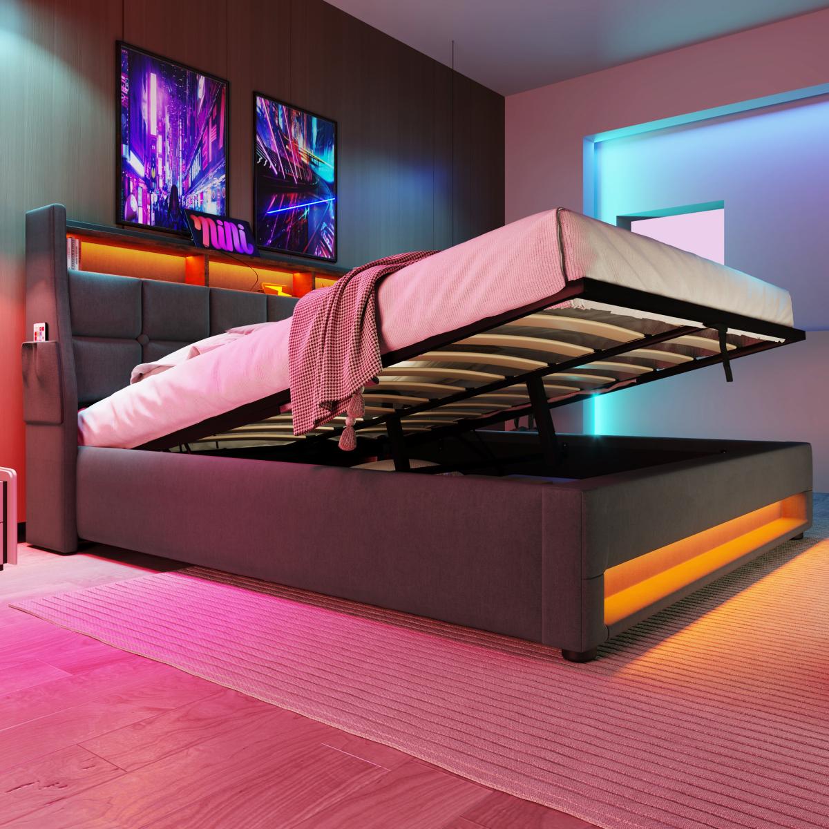 Soft padded platform bed with hydraulic storage system, LED and USB charging, natural (without mattress)