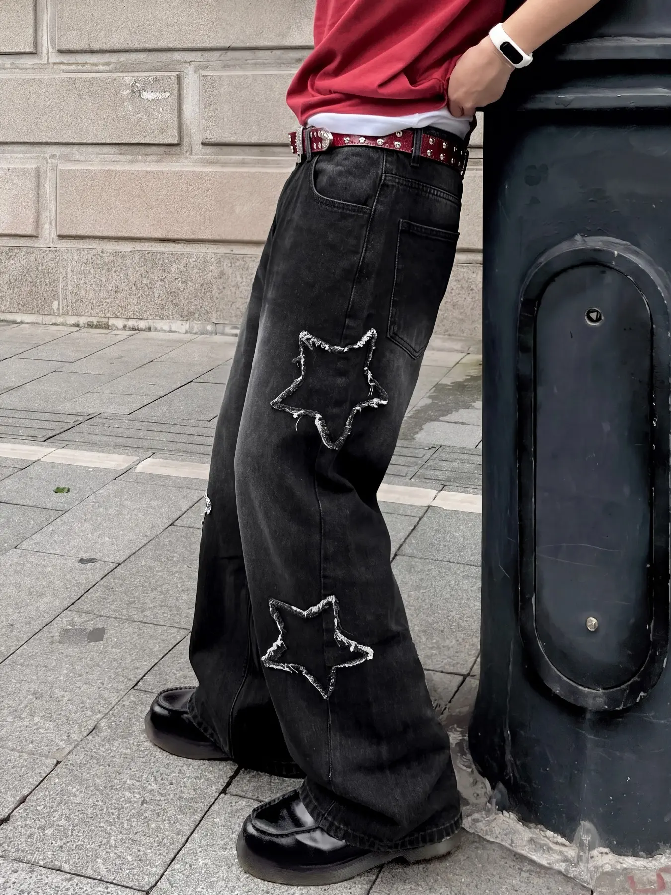 Men's 2026 New Straight Leg Jeans, Vintage Washed Denim Trousers With Star Patch Design, Retro Y2K Streetwear, Trendy Everyday Style