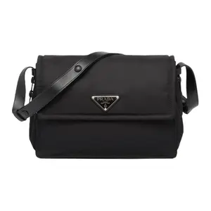 Prada Re-Nylon Enamel-Triangle Logo Crossbody Bag for Women – Medium, Leather-Paneled, Black
