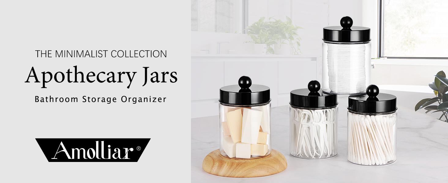 Apothecary Jars Bathroom Vanity Storage Organizer Set -Countertop Canister Plastic Acrylic Jar - Farmhouse Decor Qtip Holder for Cotton Swabs,Makeup Sponges,Flossers,Paper Clips -Black(2)