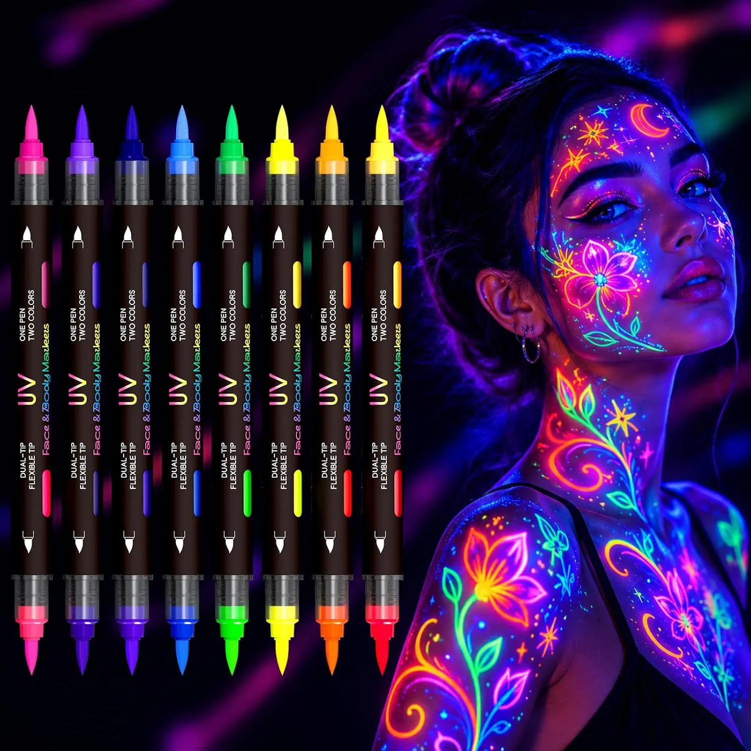 8Pcs 16-Color UV Reactive Glow-in-the-Dark Body Paint Markers, Washable Temporary Tattoo Pens, Black-Light Face Painting for Skin, Festive Supplies for Halloween Parties