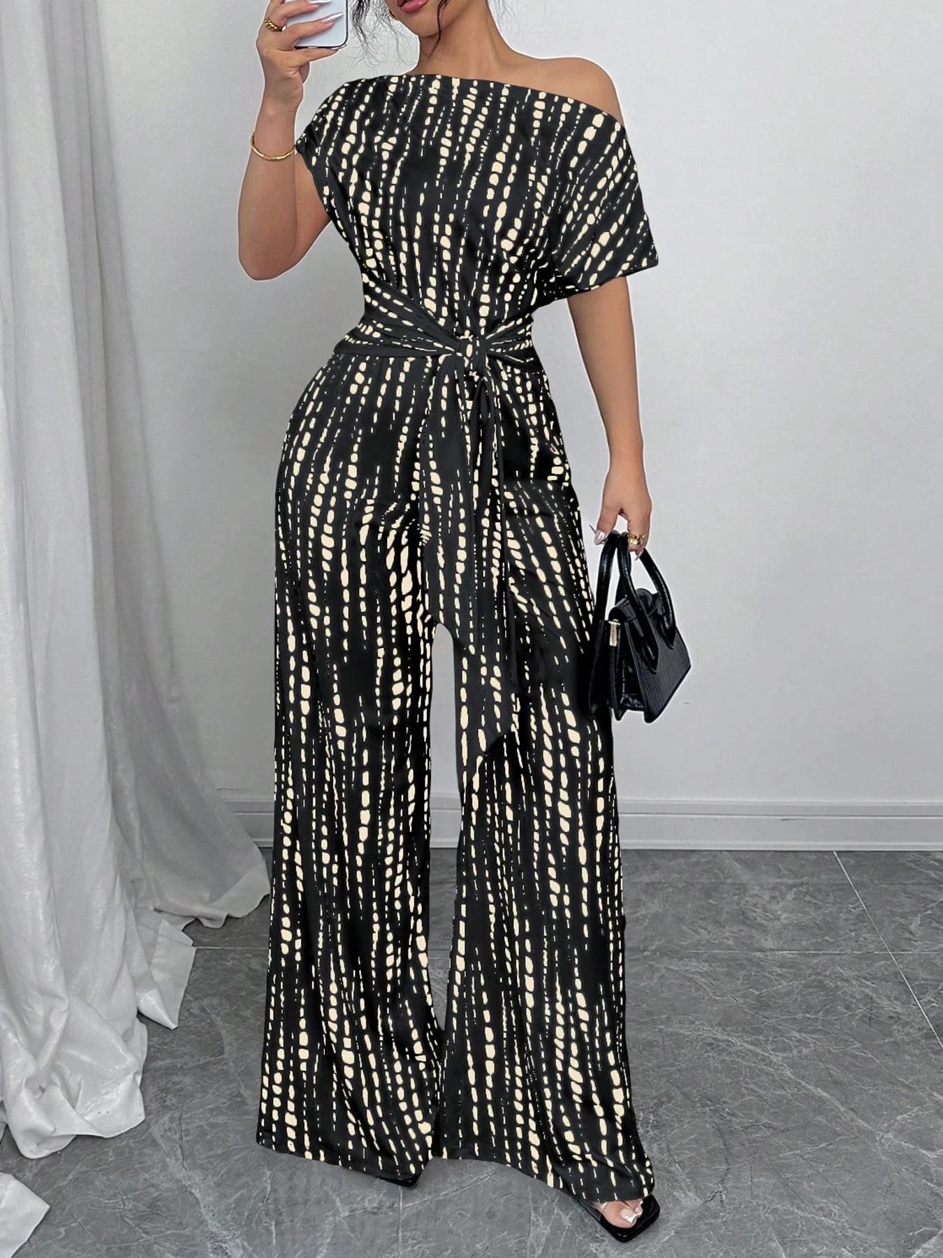 Women's All Over Print Tie Front   Jumpsuit, Casual Asymmetrical Neck   Jumpsuit for Spring & Fall, Women's Clothes for Daily Wear