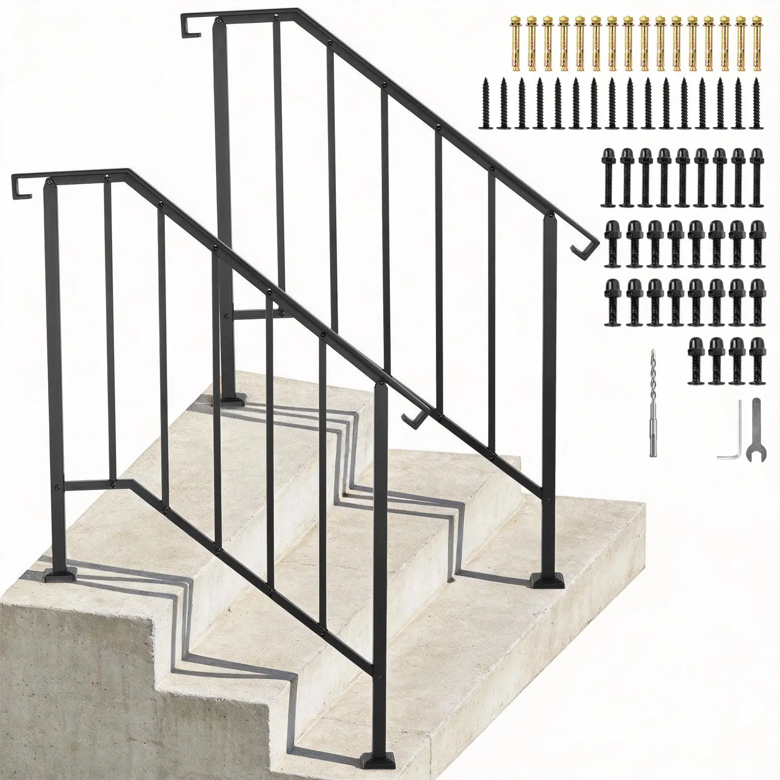 Curved-End Metal Stair Railing with Safety Balusters – Fits 3-4 Steps, Durable Carbon Steel Handrail for Exterior Concrete Steps, Elegant & Sturdy Support for Seniors