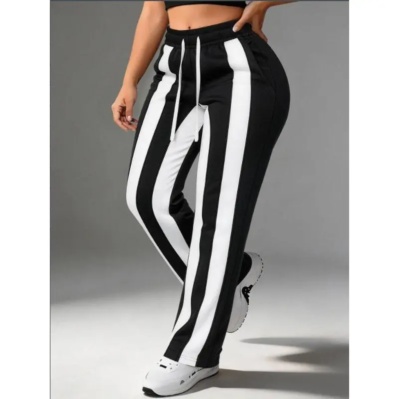 Women Y2K‑Inspired Wide‑Leg Sweat Bottoms, Black‑White Vertical Stripe Baggy Trousers, Stretch Drawstring Waist, Loose Silhouette Streetwear, Versatile Pants for Lounging & Day‑to‑Day Outfits