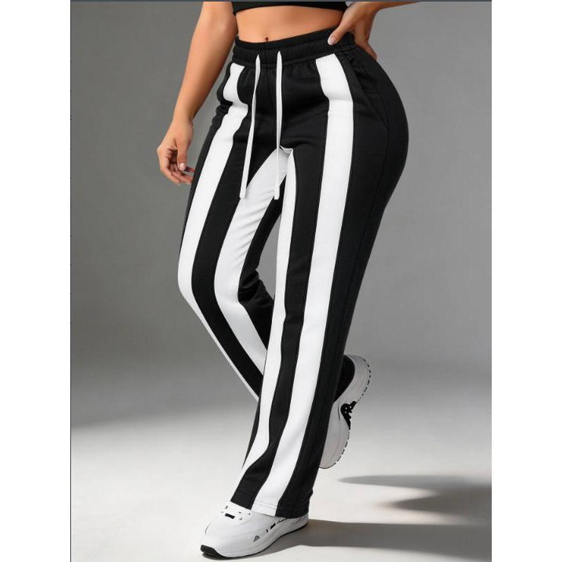 Women's Y2K-Inspired Full-Length Casual Sports Joggers, Black-White Vertical Stripe Baggy Sweat Bottoms with Stretch Drawstring Waist for Lounging & Day-to-Day Outfits