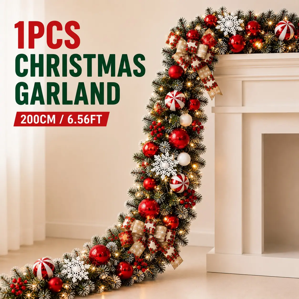 2m Christmas Garland, Pre-Decorated Artificial Pine Garland, and Ornaments, Snowflakes, Berries, Bows, Festive Holiday Decor