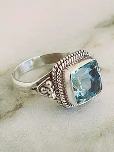 Bohemian Ethnic Geometric Sea Blue Zircon Ring for Women, Vintage Elegant Party Jewelry, Perfect Gift for Special Occasions