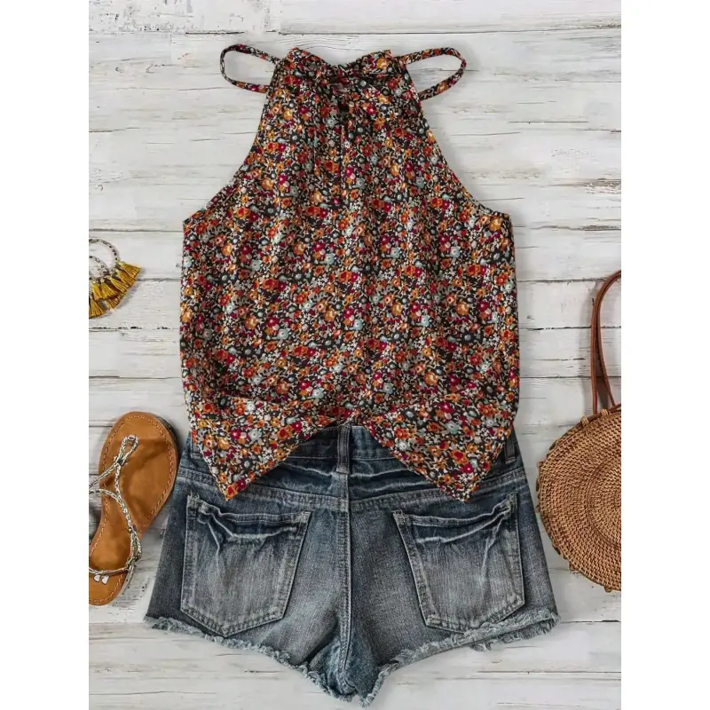 Women's Elegant Floral Print Haltered Neck Sleeveless Blouse - Adjustable Drawstring, Slim Fitted Cut, Everyday Wear