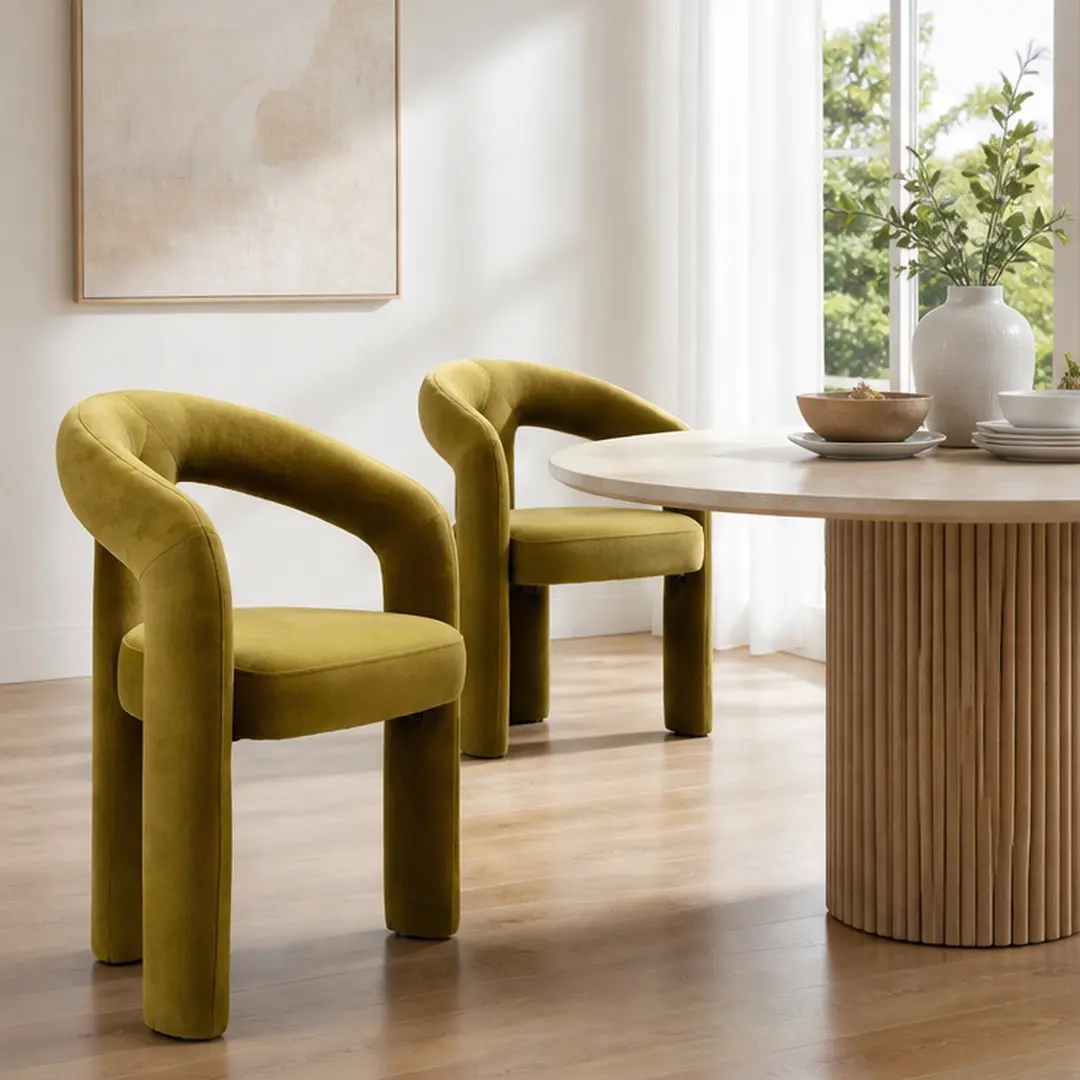 ARCH Velvet Upholstered Dining Chair Set of 2, Modern Barrel Accent Armchair with Curved Backrest and Foam Padding, Living Room Kitchen Side Chairs, Olive Green, Olive Color Options, Velvet Material, Product Dimensions: 19.88 W x 25.20 D x 27.95 H in