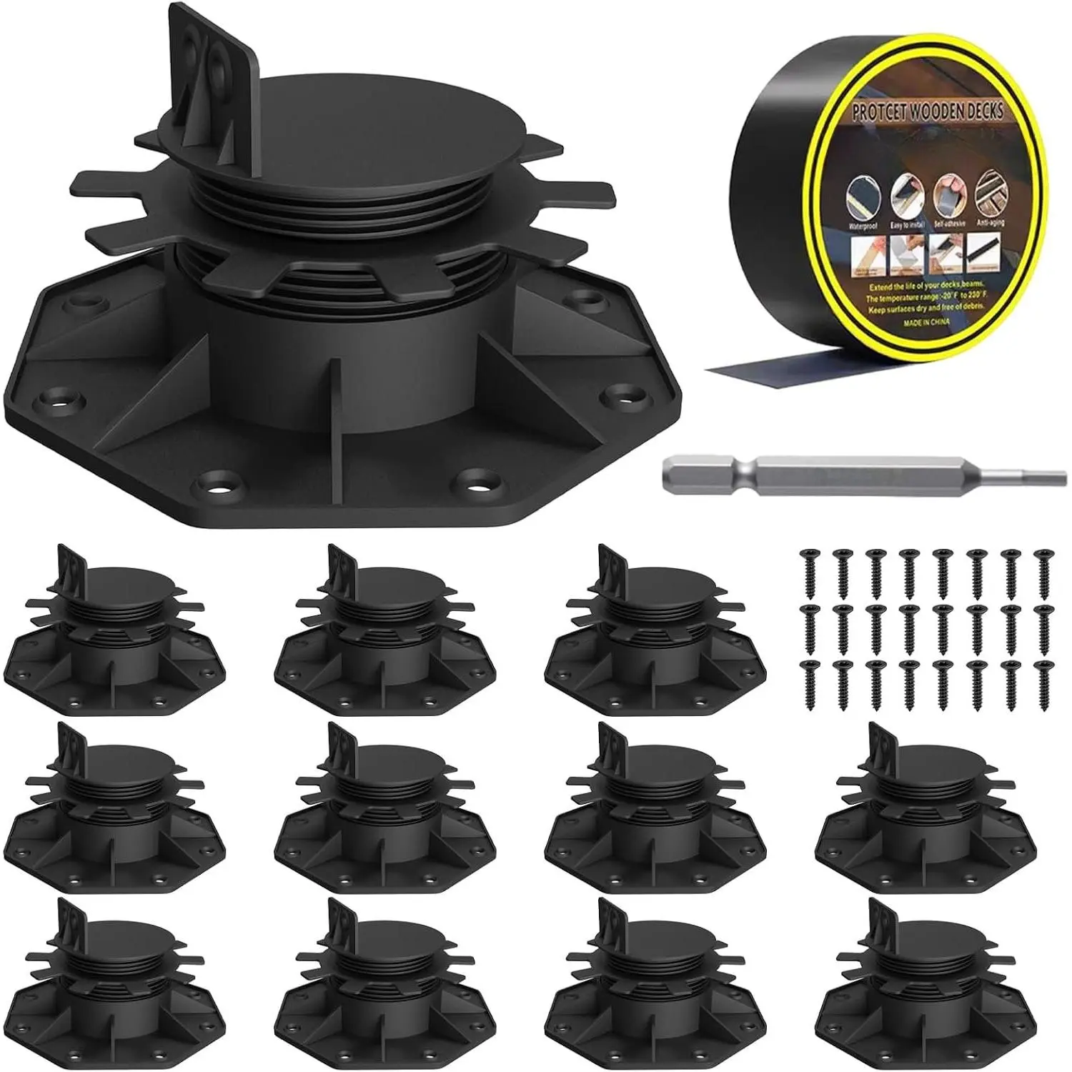 12-Pack Adjustable Deck Support Pedestals, 1.18"–2.36" (30–60 mm), for 2×4 & 2×6 Joist Framing, Ground Support & Leveling for Patio, Shed Base & Floating Deck, Includes Joist Tape