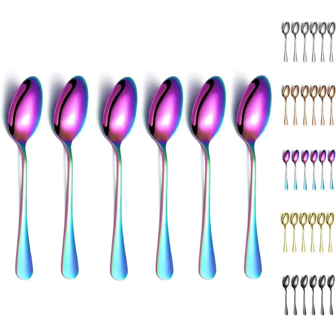 Kyraton 6 Pieces 7.5" Rainbow Stainless Steel Dinner Spoons, Titanium Colorful Plating Table Soup Dessert Spoons Silverware, Dishwasher Safe