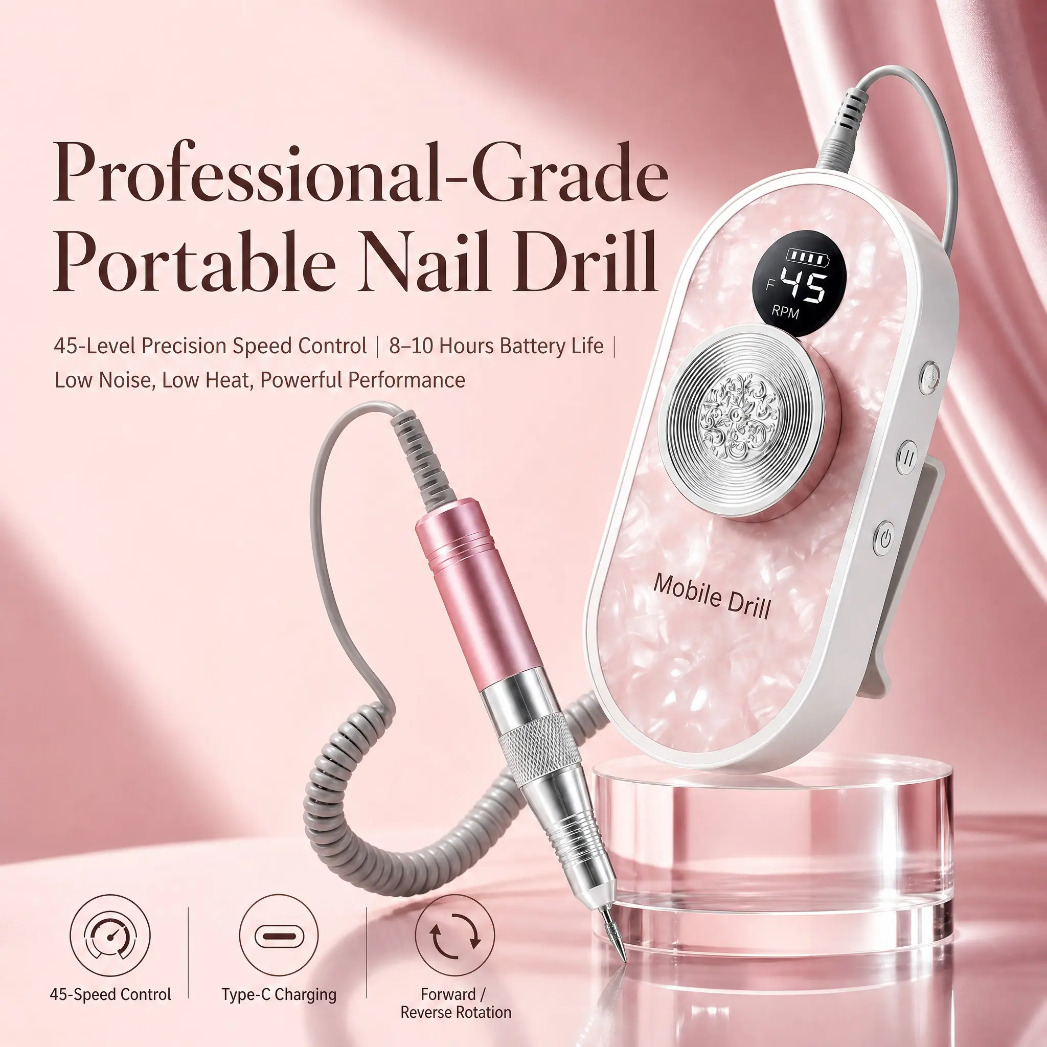 Best Electric Nail Polish Remover, Flawless Nail Care, 45 Speed Settings, 8-10 Hours Battery Life, Low Noise, Smooth Gel Removal, Essential for DIY Pedicure & Mobile Manicure Artists