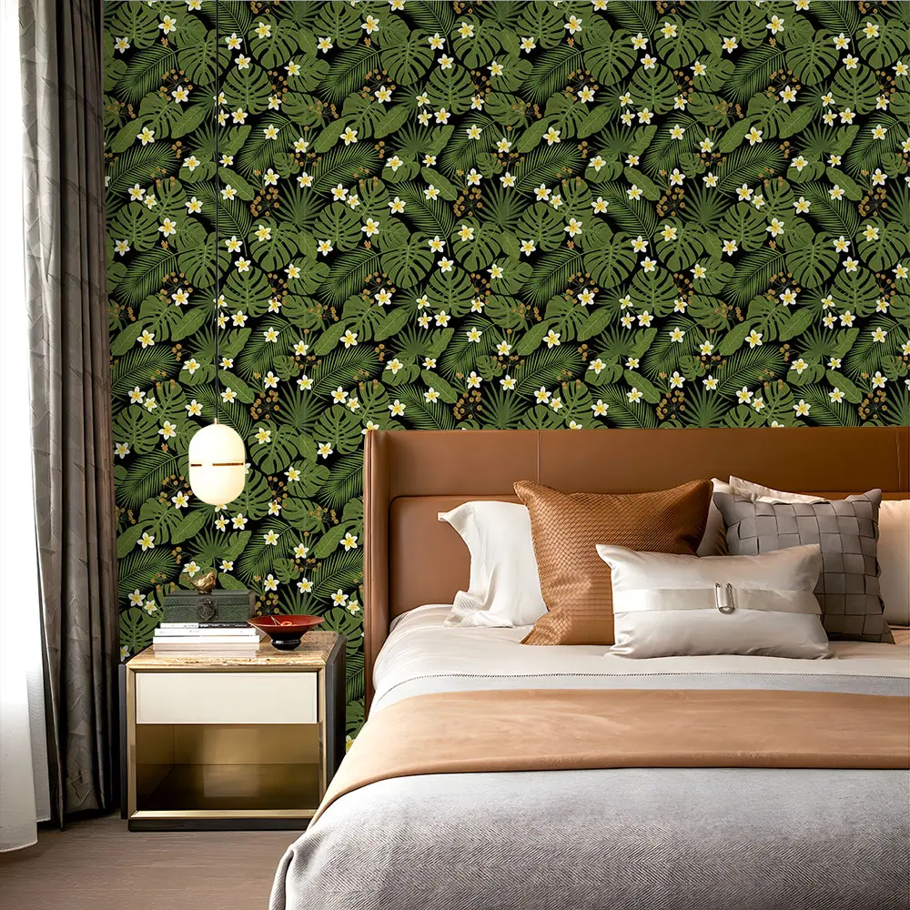 A 1-piece PVC wallpaper with a pattern of green leaves and yellow flowers, featuring a self-adhesive backing that can be easily peeled and applied. It's suitable for wall decoration and renovating old walls