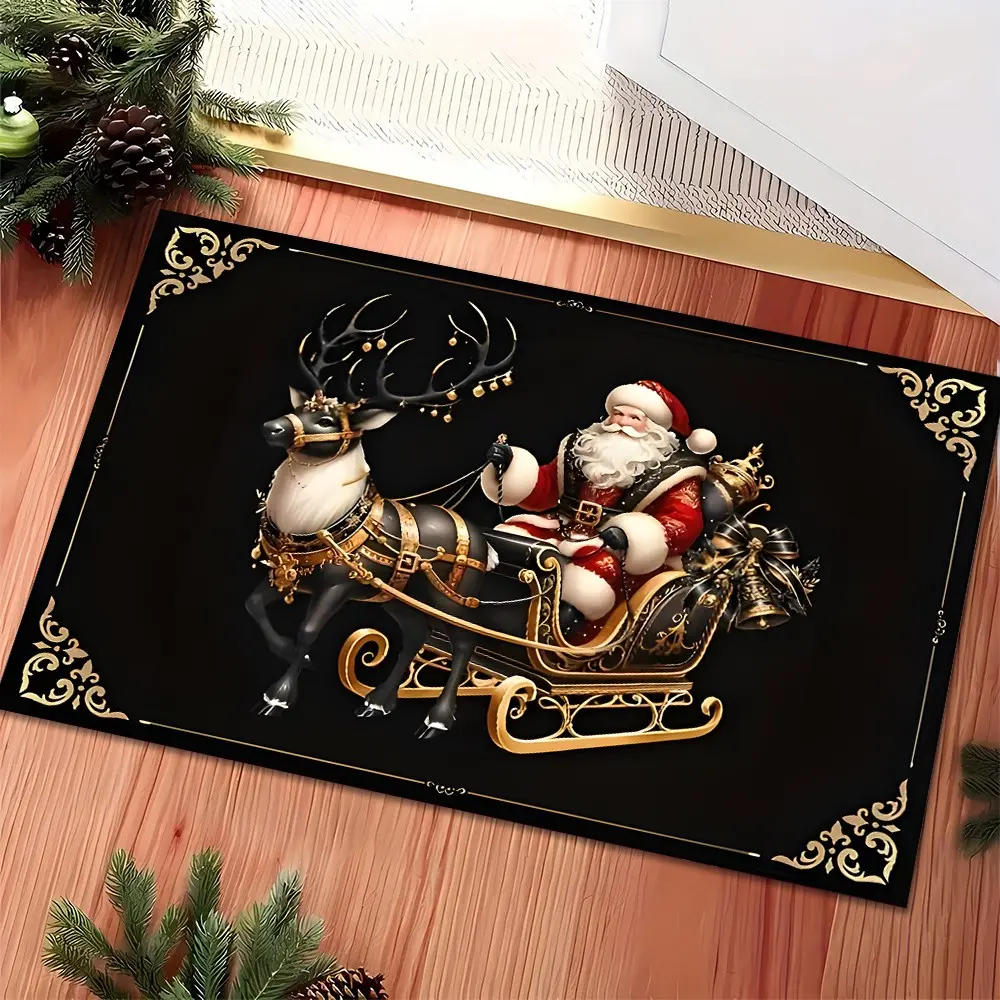 Luxury Black Gold Santa Sleigh Welcome Doormat, Christmas Reindeer Holiday Entrance Rug, Soft Absorbent Non Slip Floor Mat, Quick Dry Indoor Outdoor Front Door Carpet, Elegant Home Decor Xmas Gift