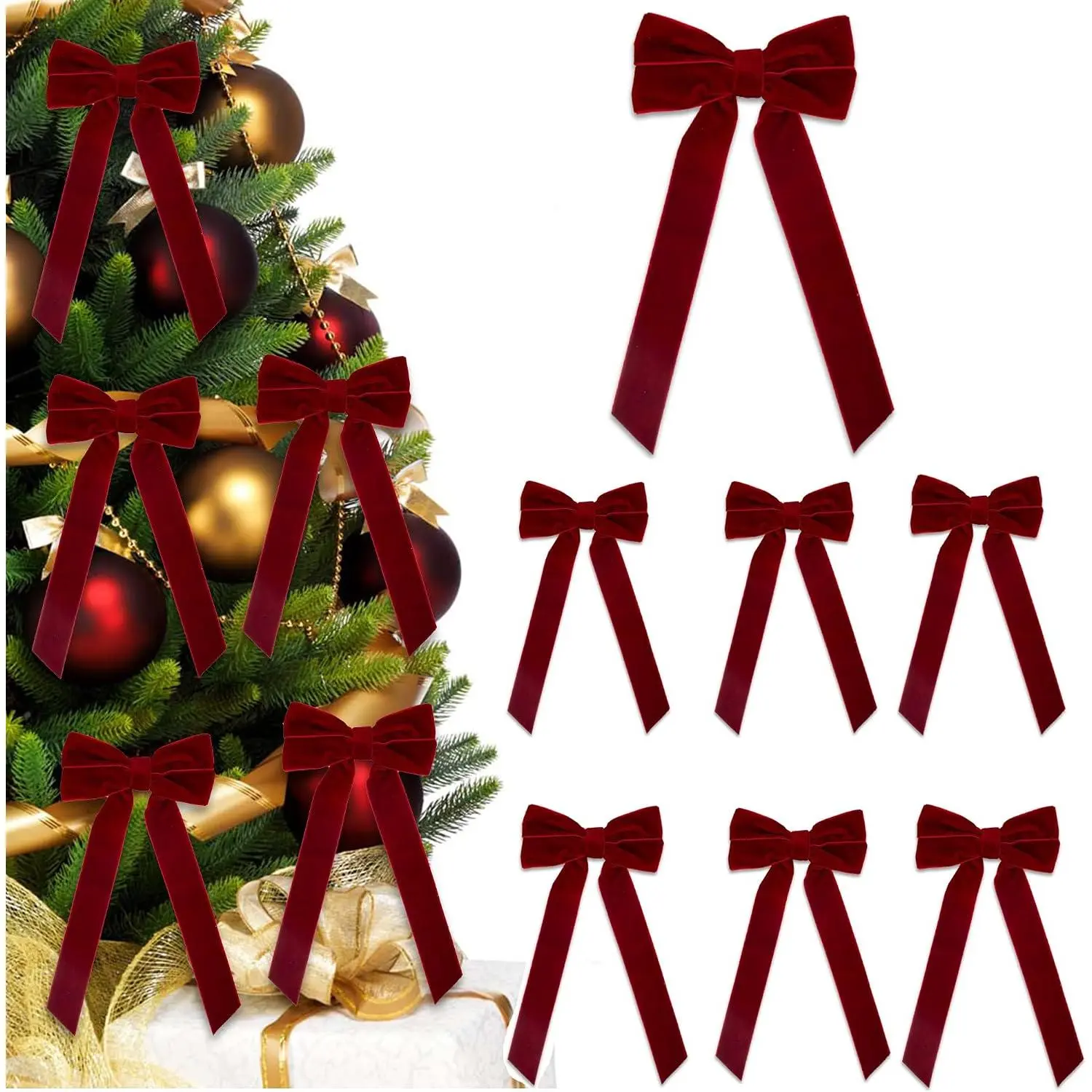 Bows for Christmas Tree,7 Pcs Small Red  Ribbon Bows for Tree Topper, Rustic  Holiday Decorations, Wrapping,Boxes,DIY Crafts and Stocking Stuffers ( Red,8.5 x 4.1 Inches)