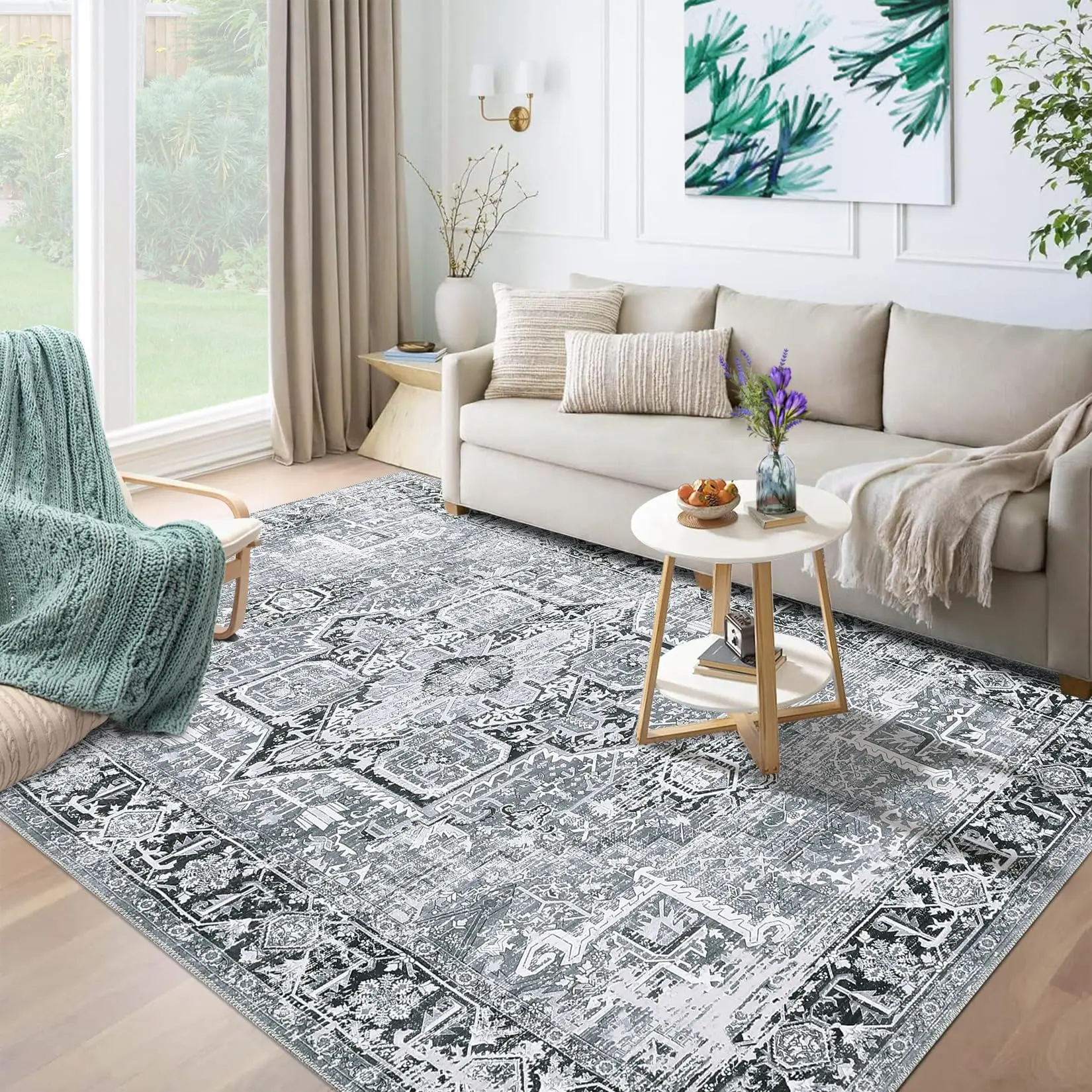 Garvee Machine Washable Rug 8x10 Vintage Design Area Rugs with Non Slip Rugs for Living Room Bedroom Floral Print Rug Carpet Stain Resistant, Grey