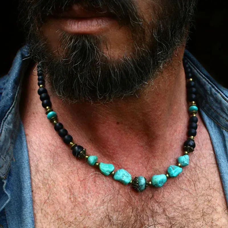 Men's Vintage Turquoise Beaded Choker Necklace - Rough Turquoise Stone, Matte Black Onyx Bead Chain, Boho Tribal Collar with Adjustable Chain, Outdoor Beach Style Male Gift for Sports & Outdoor Use