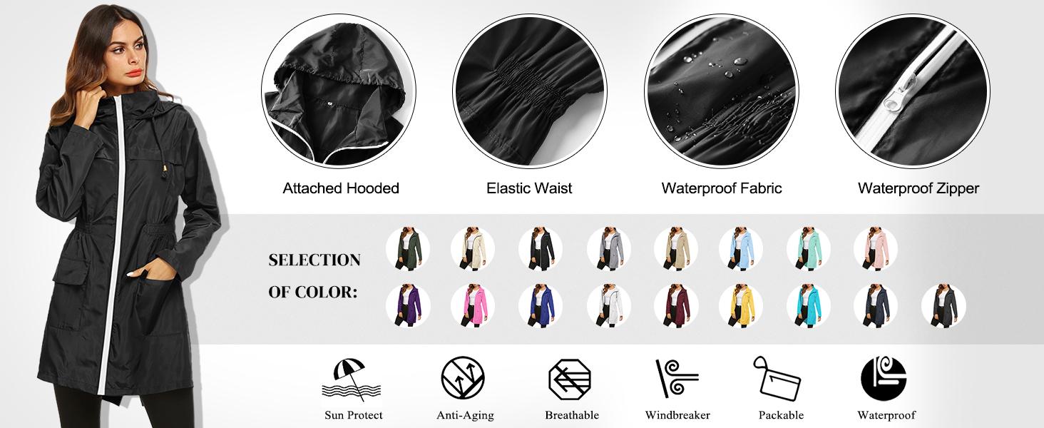 Women Waterproof Lightweight Rain Jacket Active Outdoor Hooded Raincoat