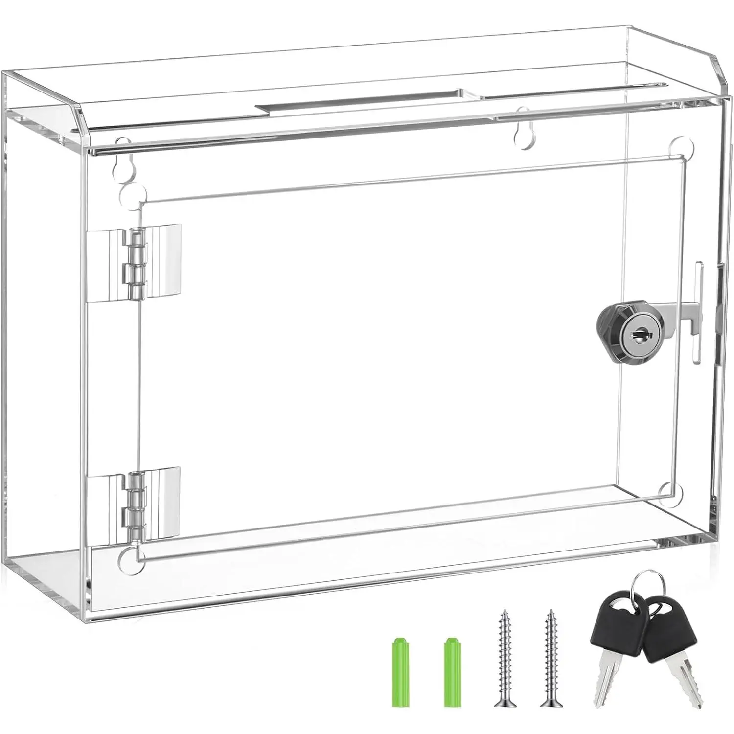 Donation Box with Lock & Sign Holder, Large Clear Locking Suggestion Box for Fundraising Voting Secure  Drop, Wall Mounted 4mm Thick Shatter Resistant(9.8"l X 3"w X 7"h,Right Lock)