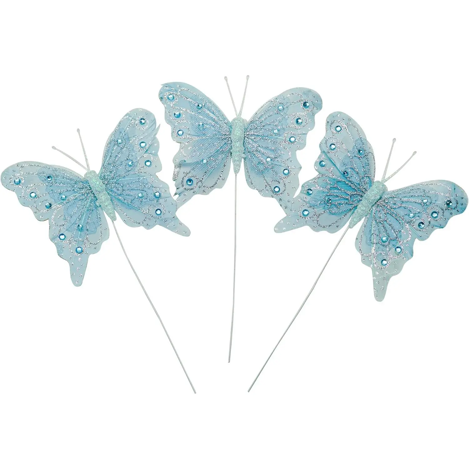 Set of 12 Glitter Monarch Feather Butterflies on Wire for Floral Arrangements and DIY Decorations (Blue/Silver)