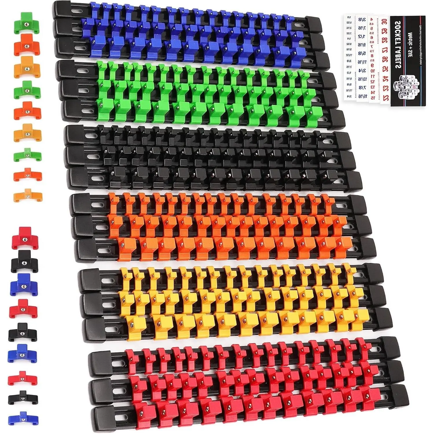 18-Piece Socket Organizer Set with 1/4-Inch x 96 Clips, 3/8-Inch x 90 Clips, 1/2-Inch x 72 Clips, Drive Socket Trays for Tool Box Drawer, Socket Holder Clip RailGift
