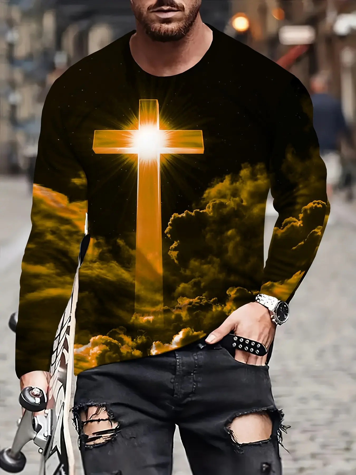 Men's Long Sleeve T-Shirt, Cross Pattern, Casual Comfortable Base Layer, Sporty Slim-Fit, All Seasons, Compression Wear