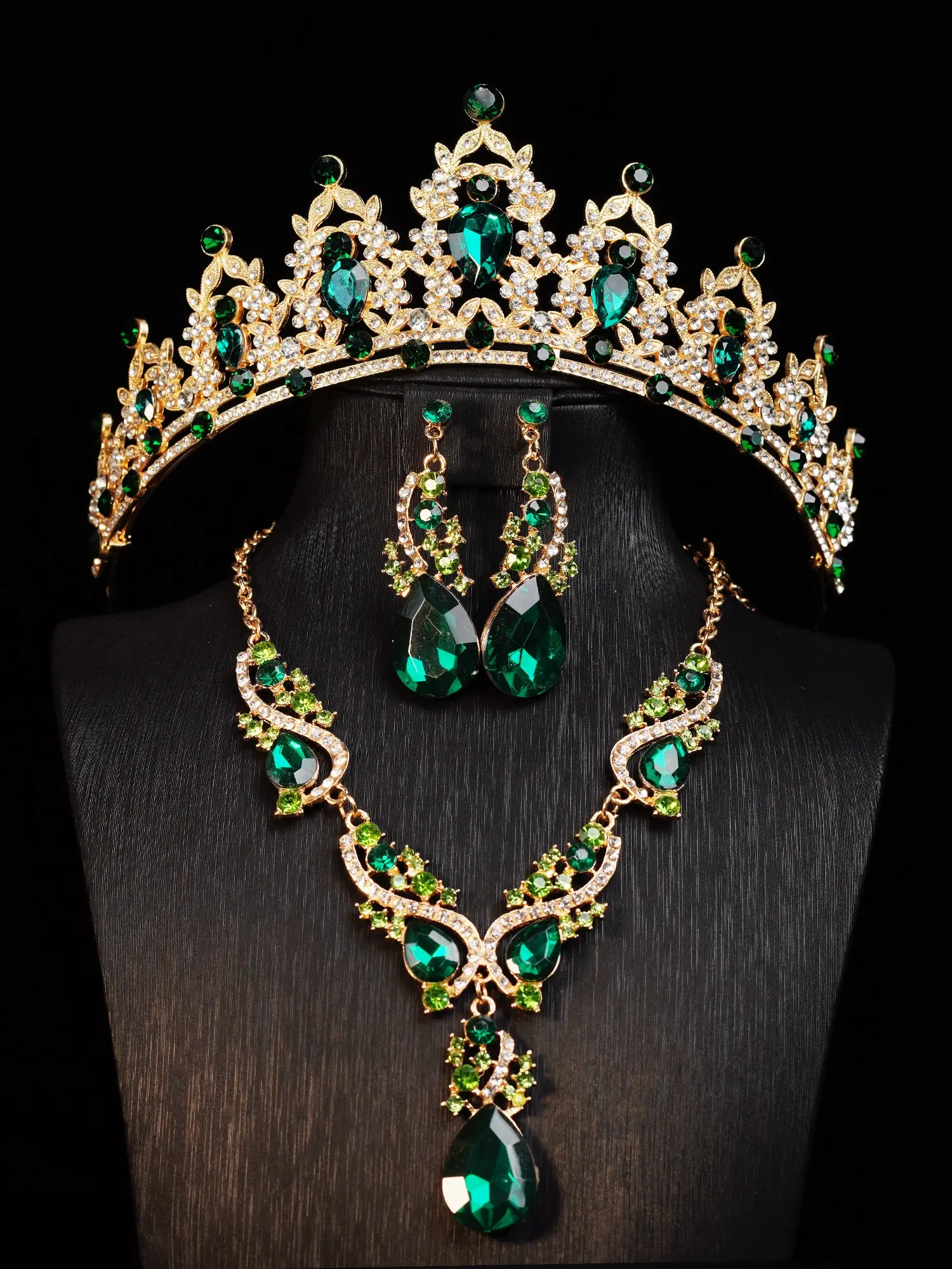 Courtly Style Deep Rhinestone Crown Necklace Earrings Set, Elegant Wedding Party Jewelry, Vintage Queen Costume Accessories