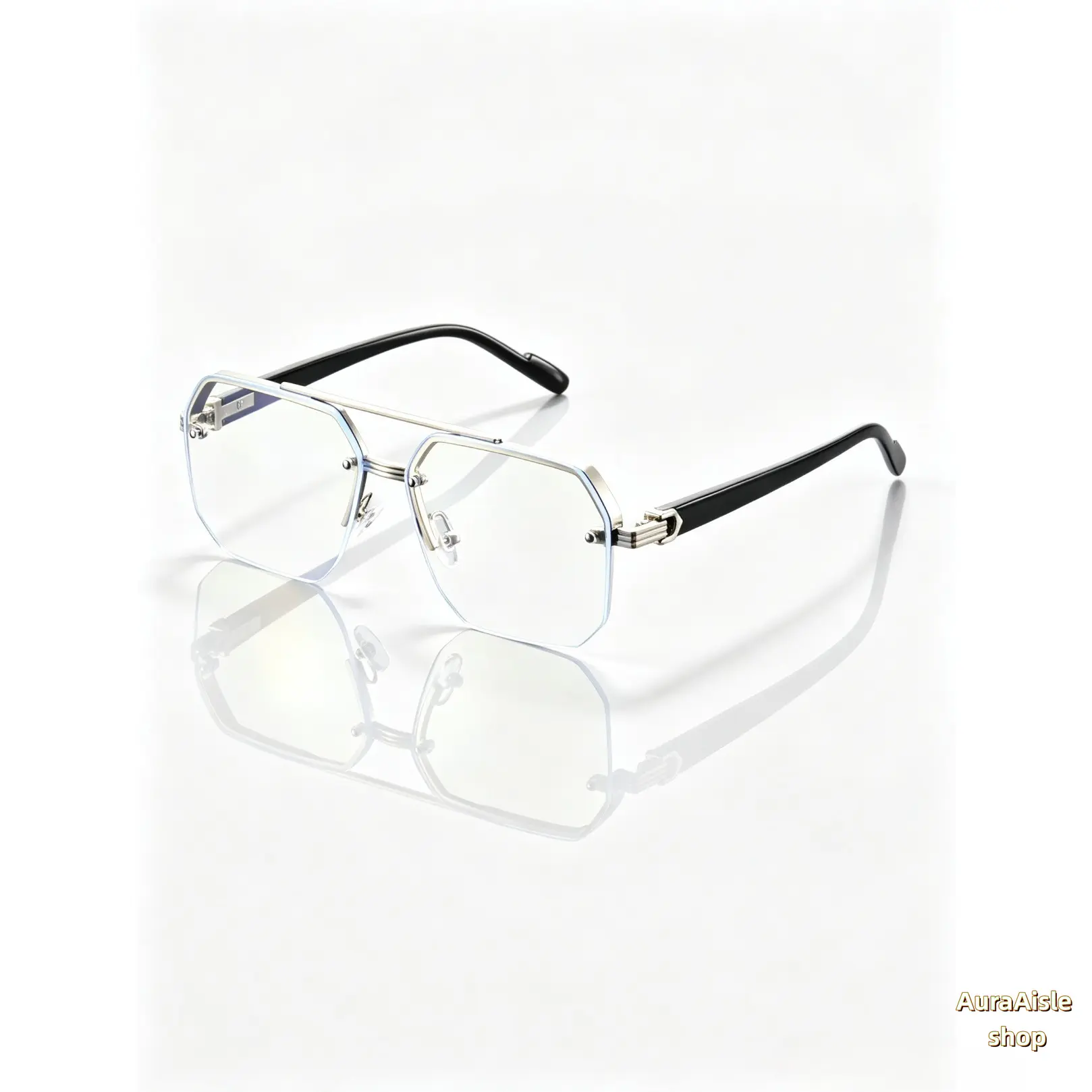 Unisex Half Rim Polygon Double Bridge Metal Eyeglass Frames, Anti Blue Light Clear Lens Lightweight Eyewear, Minimalist Trendy Accessory For Office Work Gaming Screen Time Daily Casual Wear & Electronic Device Use