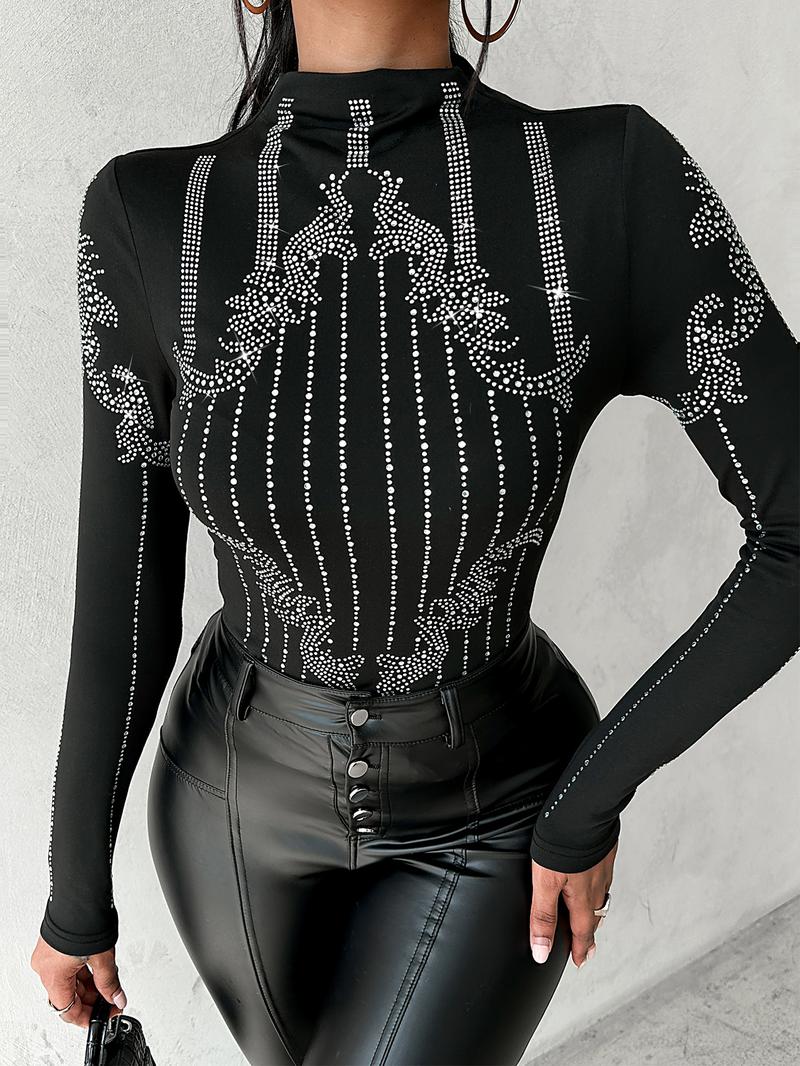 Women's Rhinestone Decor Mock Neck T-shirts, Elegant Long Sleeve T-shirts for Spring & Fall, Women's Clothing for Daily Wear, Casual Fashionable Top