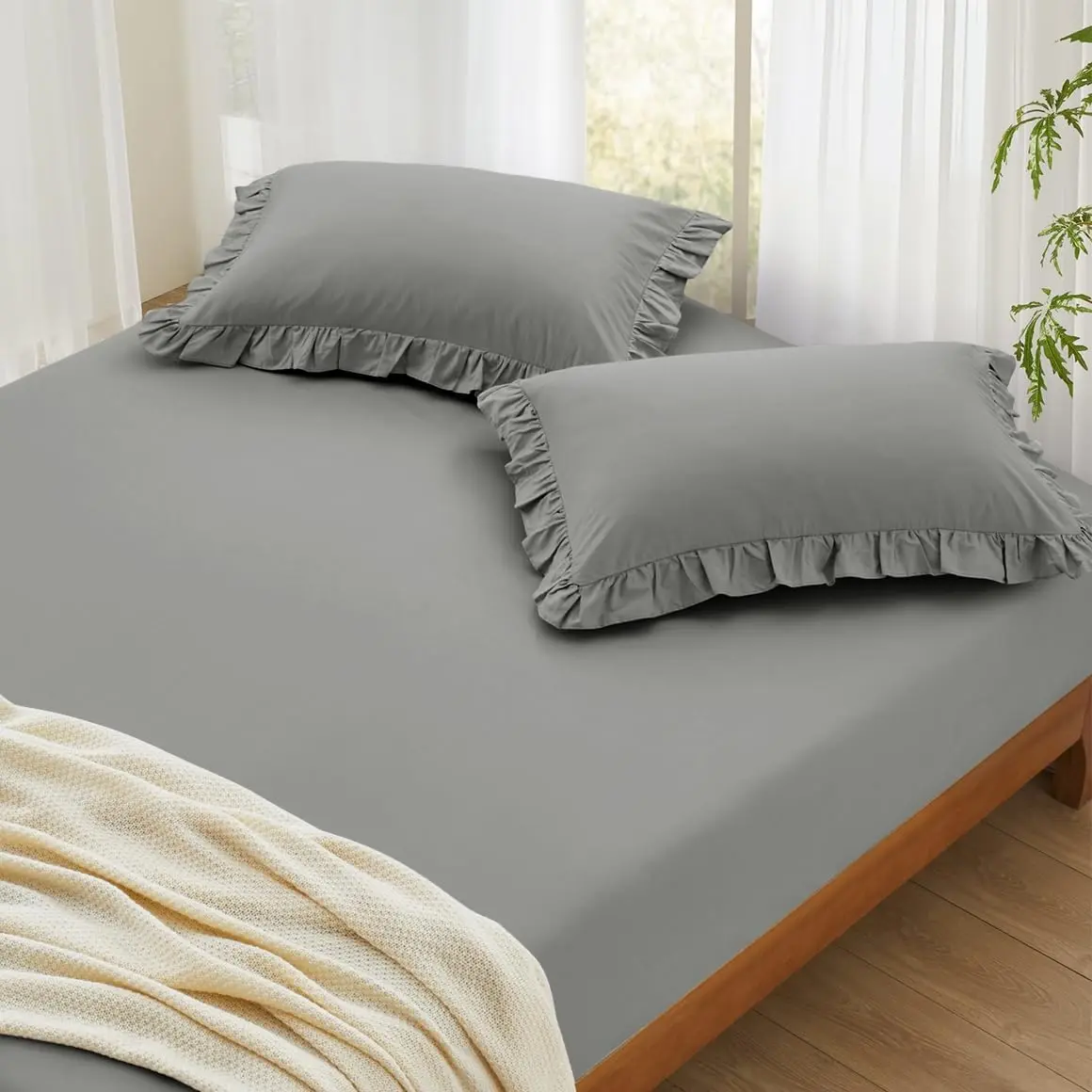 Ruffle Fitted Sheet Set 400 Light Grey