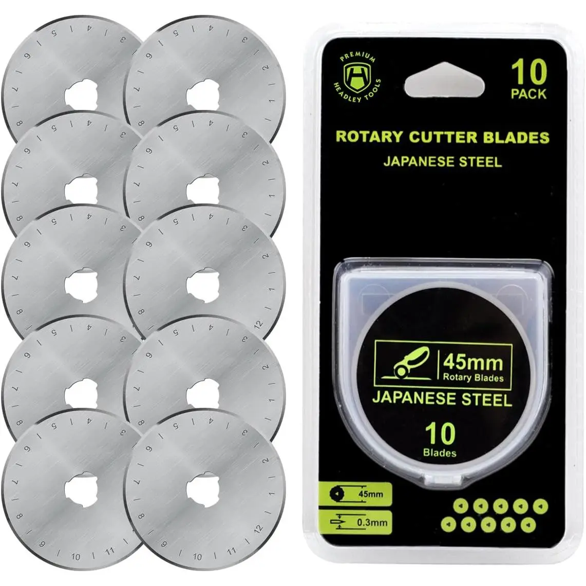 45mm Rotary Cutting Blades (Pack of 10) - Japanese Steel, Length Marks, Multi-Material Cut, Replacement Blades for Olfa, Fiskars, Crafts & Sew Projects, Sharp, Durable